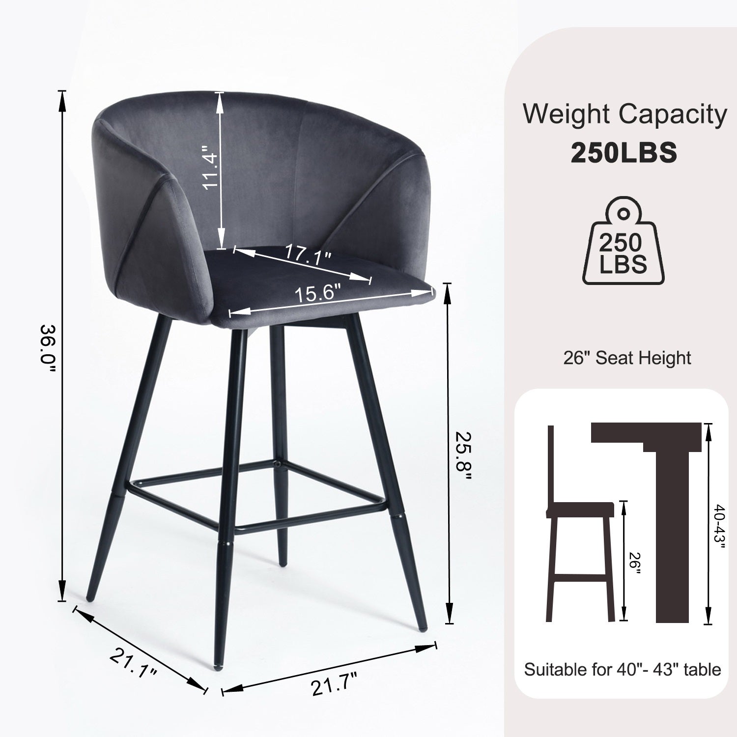 Homy Casa Aldridge Grey 2PC 26" Velvet Upholstered Counter Stools, Open Box
