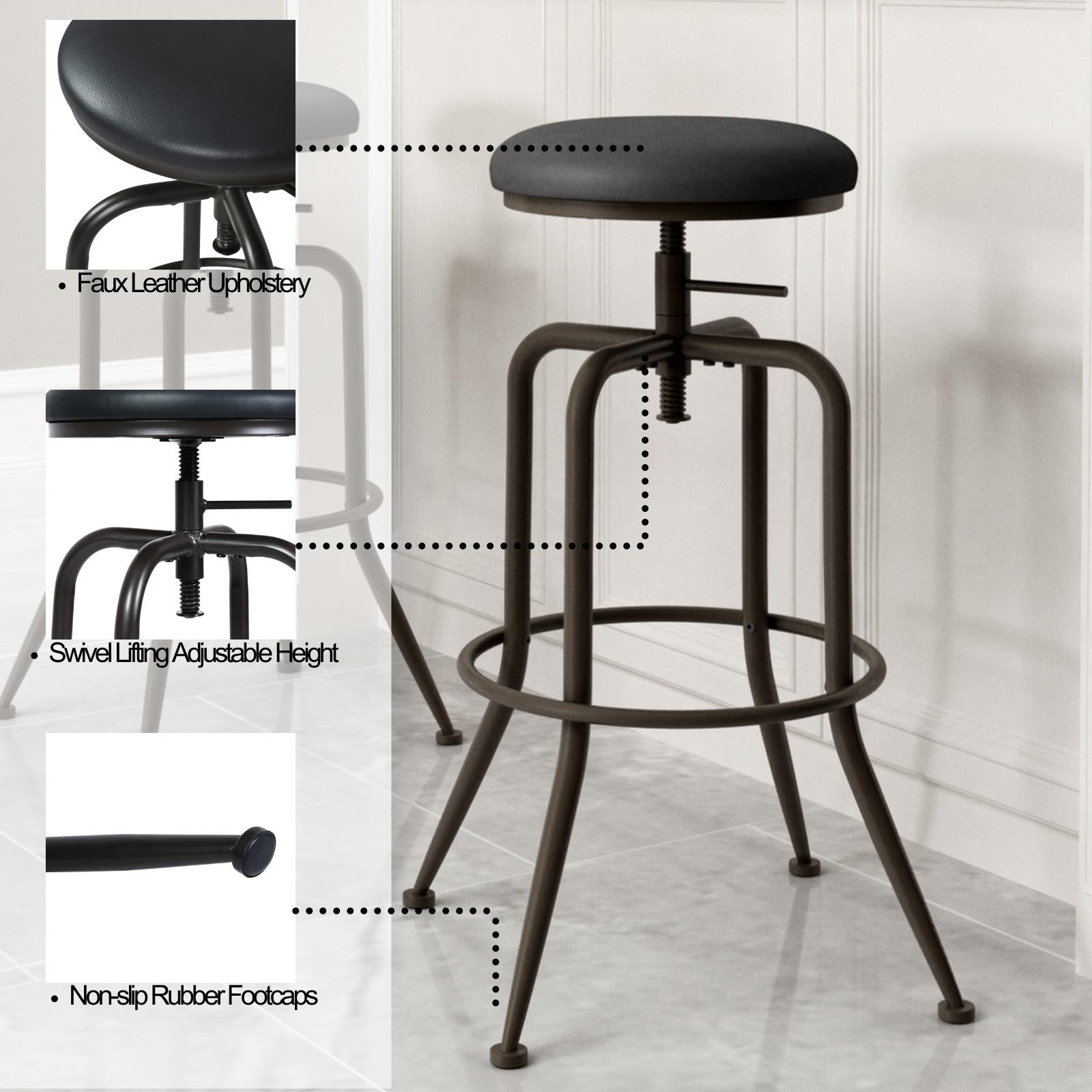 Homy Casa Anacletus 2PC Industrial Adjustable Swivel Bar Stools 27"-30" Height with Black Cushioned Seats Open Box