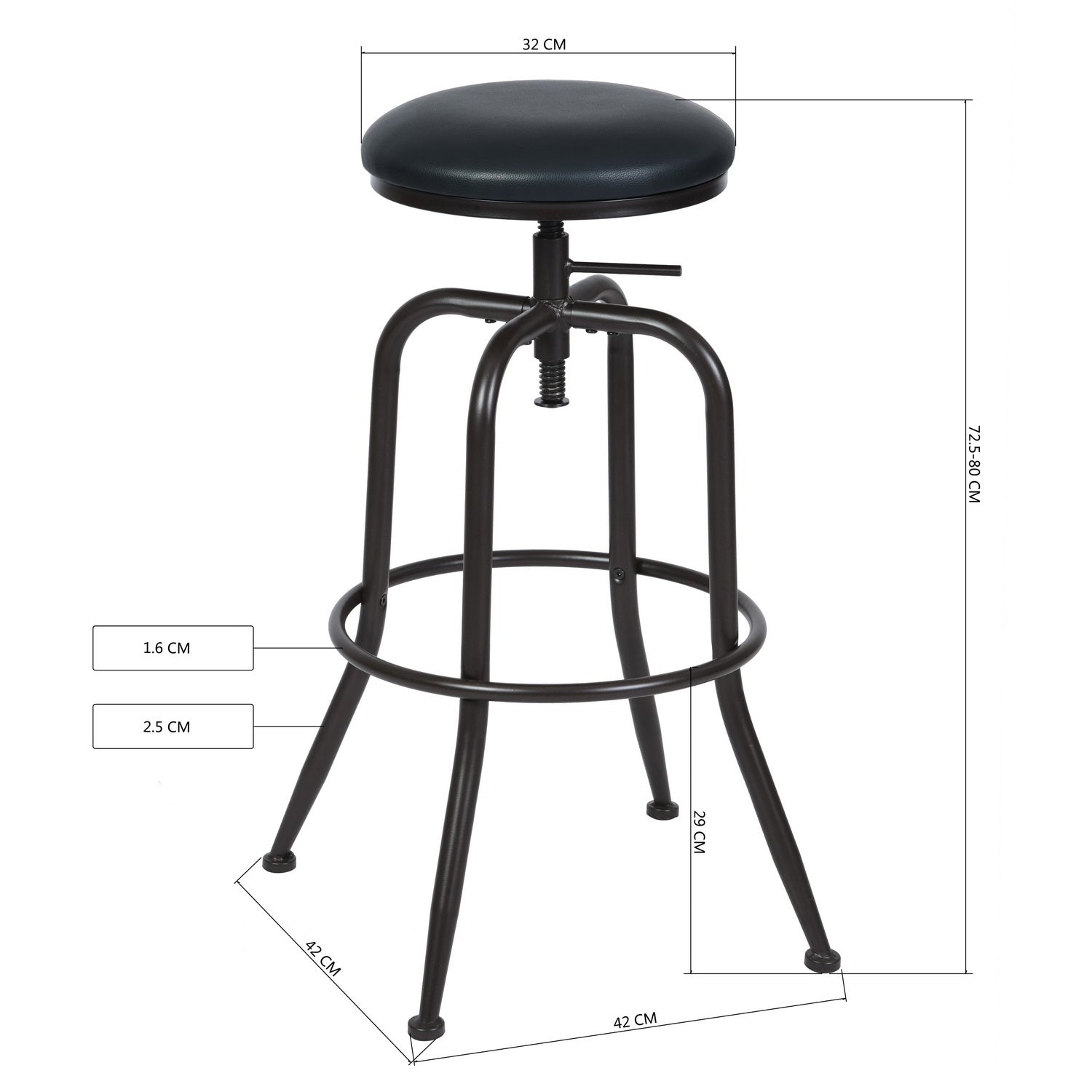 Homy Casa Anacletus 2PC Industrial Adjustable Swivel Bar Stools 27"-30" Height with Black Cushioned Seats Open Box