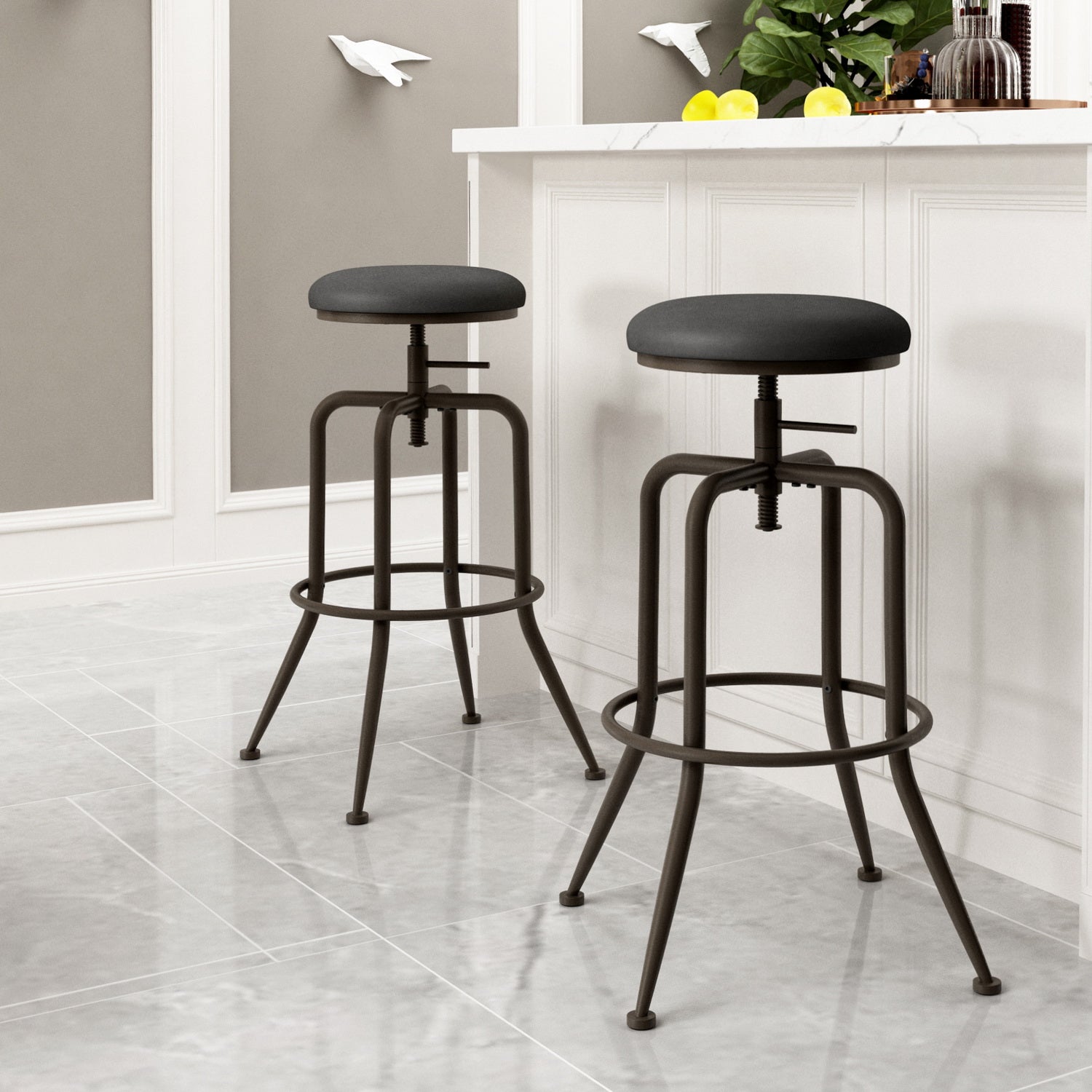 Homy Casa Anacletus 2PC Industrial Adjustable Swivel Bar Stools 27"-30" Height with Black Cushioned Seats Open Box