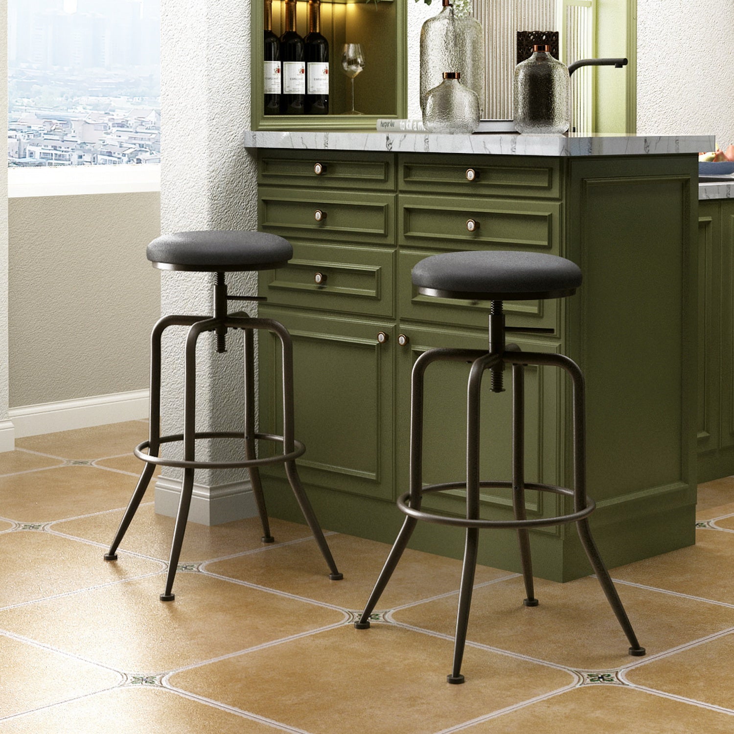 Homy Casa Anacletus 2PC Industrial Adjustable Swivel Bar Stools 27"-30" Height with Black Cushioned Seats Open Box