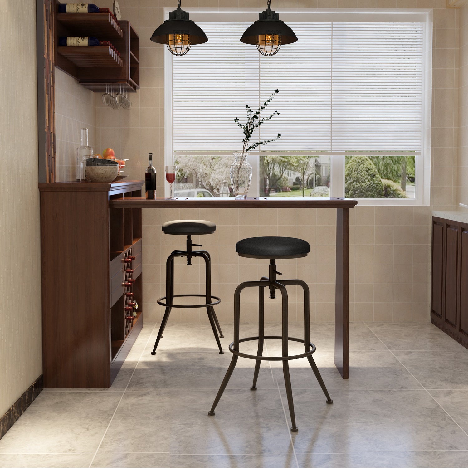 Homy Casa Anacletus 2PC Industrial Adjustable Swivel Bar Stools 27"-30" Height with Black Cushioned Seats Open Box