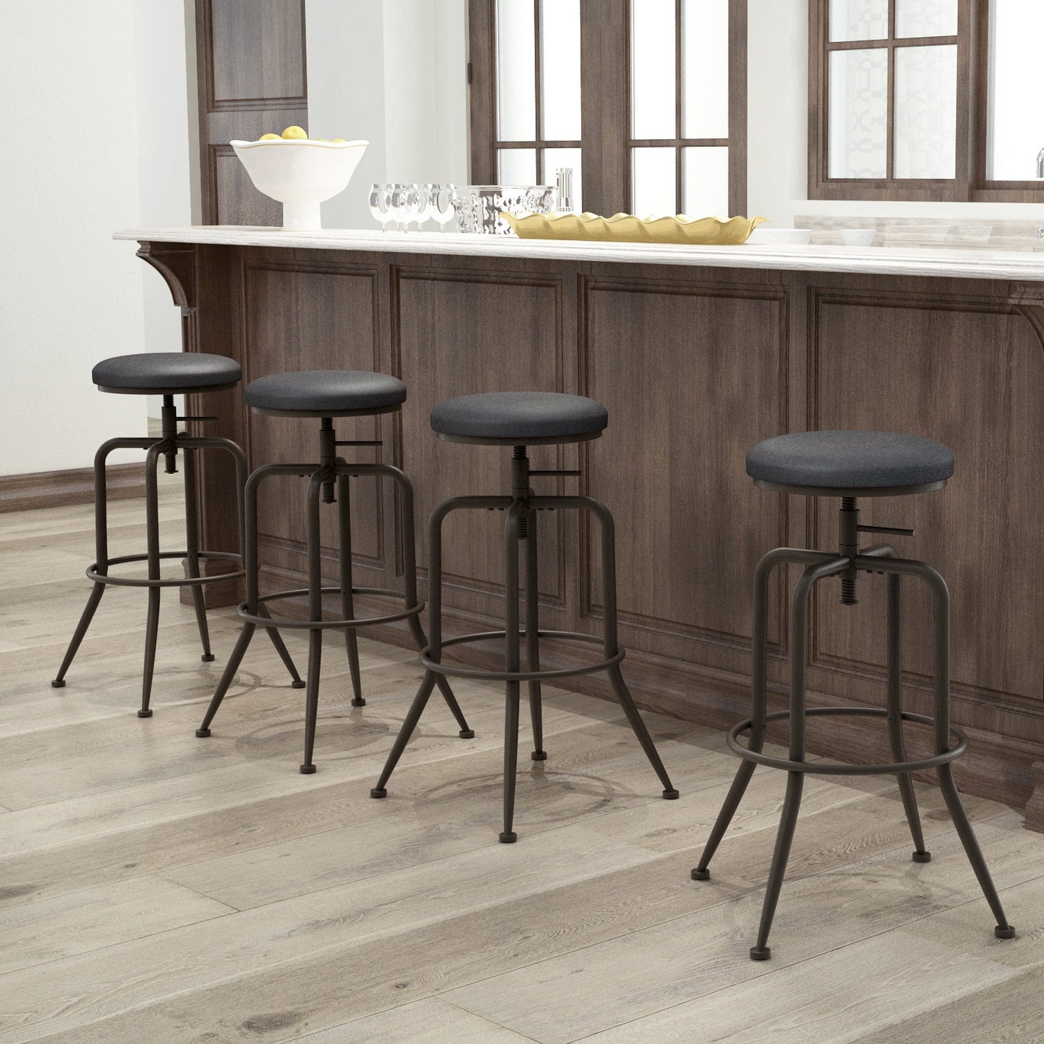 Homy Casa Anacletus 2PC Industrial Adjustable Swivel Bar Stools 27"-30" Height with Black Cushioned Seats Open Box
