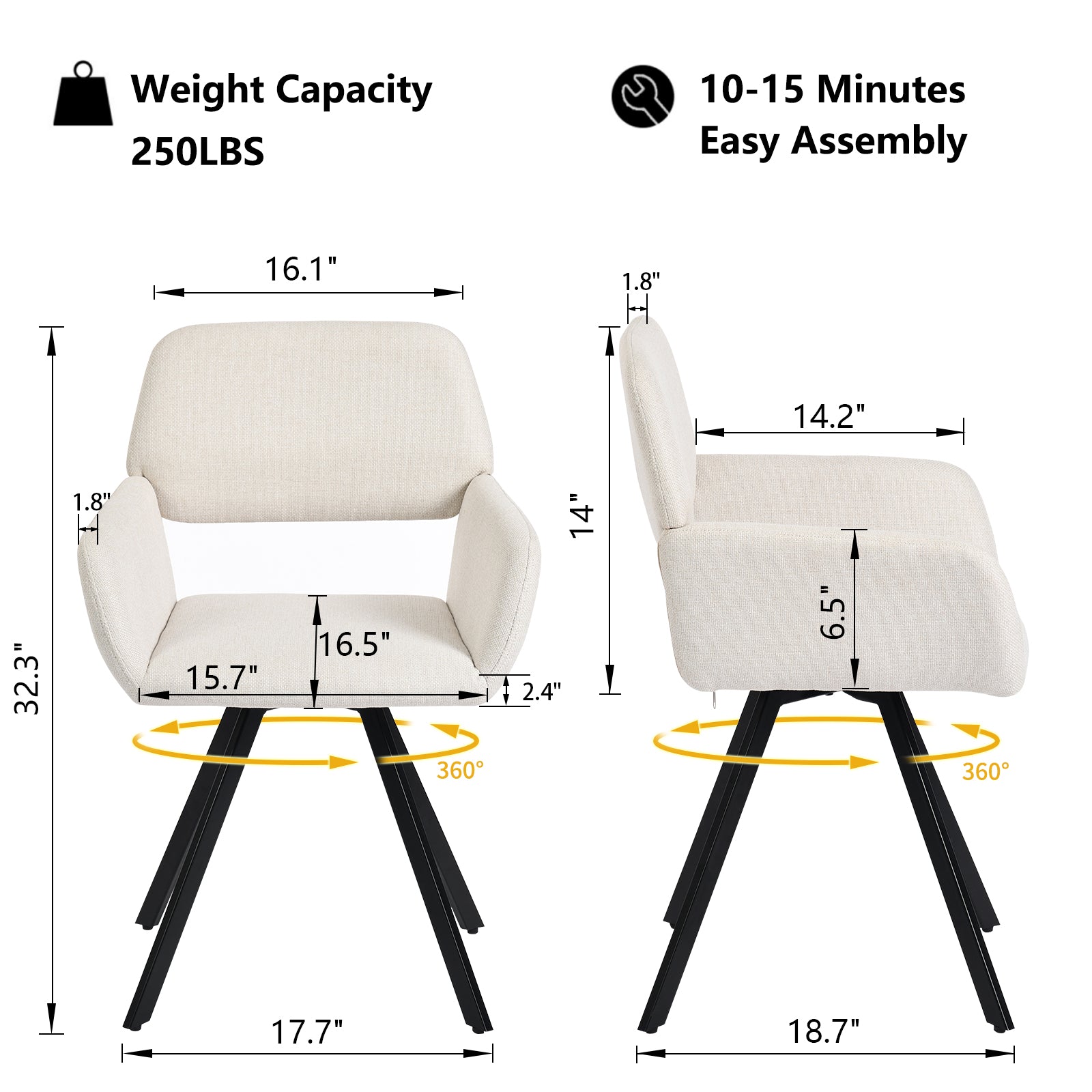 Homy Casa Quinby 7PC Dining Set 81” Extendable High Gloss Table with 6 California Swivel Beige Fabric Armchairs Modern Pedestal Base