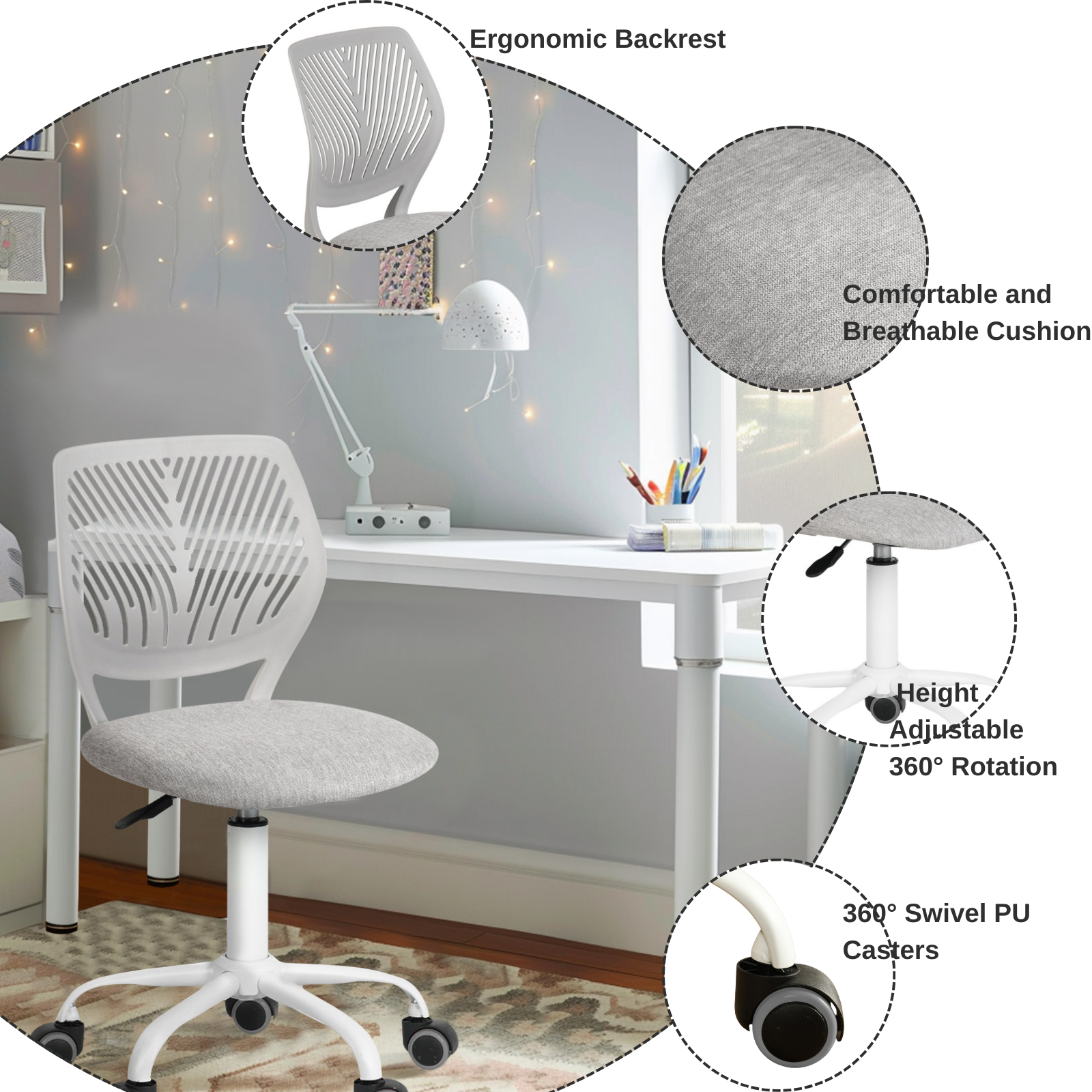 Homy Casa Chasson+Carnation 2PC Bedroom Vanity Set with Mirror and Grey Upholstered Office Chair in White