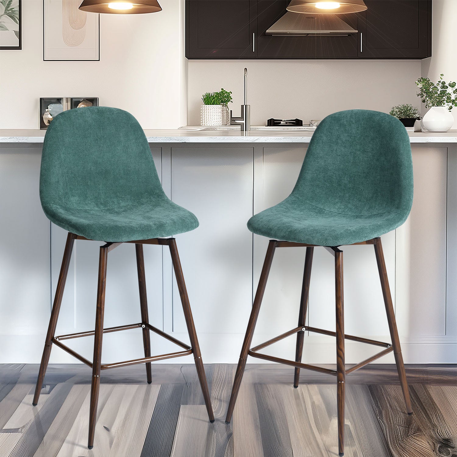 Homy Casa Charlton Counter 2PC 26" Teal Terry Green Swivel Counter Barstool with Walnut Metal Legs