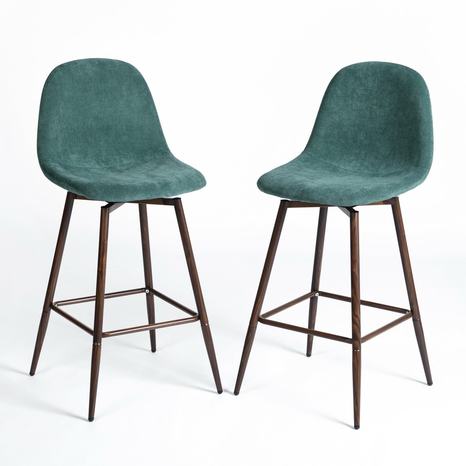 Homy Casa Charlton Counter 2PC 26" Teal Terry Green Swivel Counter Barstool with Walnut Metal Legs