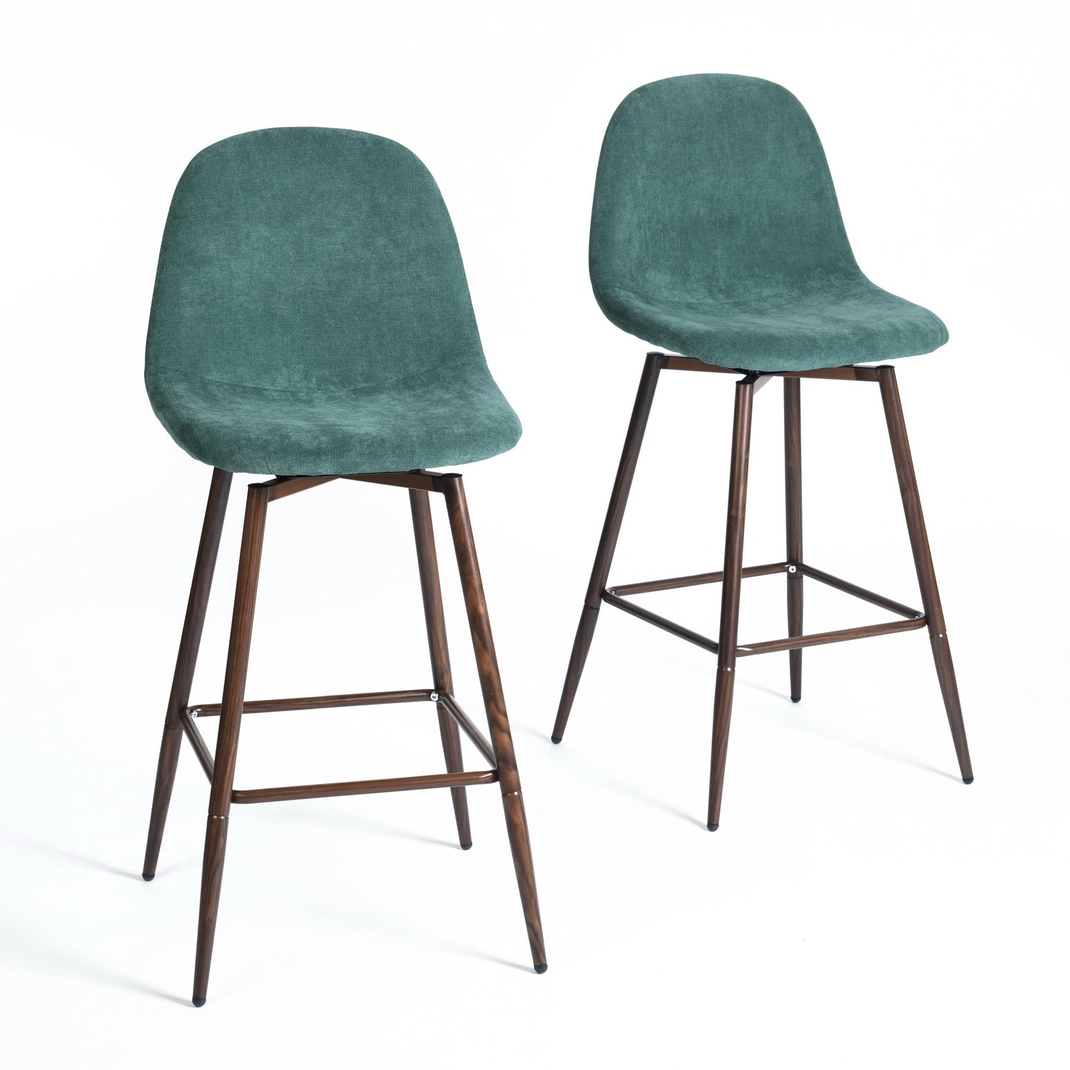 Homy Casa Charlton Counter 2PC 26" Teal Terry Green Swivel Counter Barstool with Walnut Metal Legs
