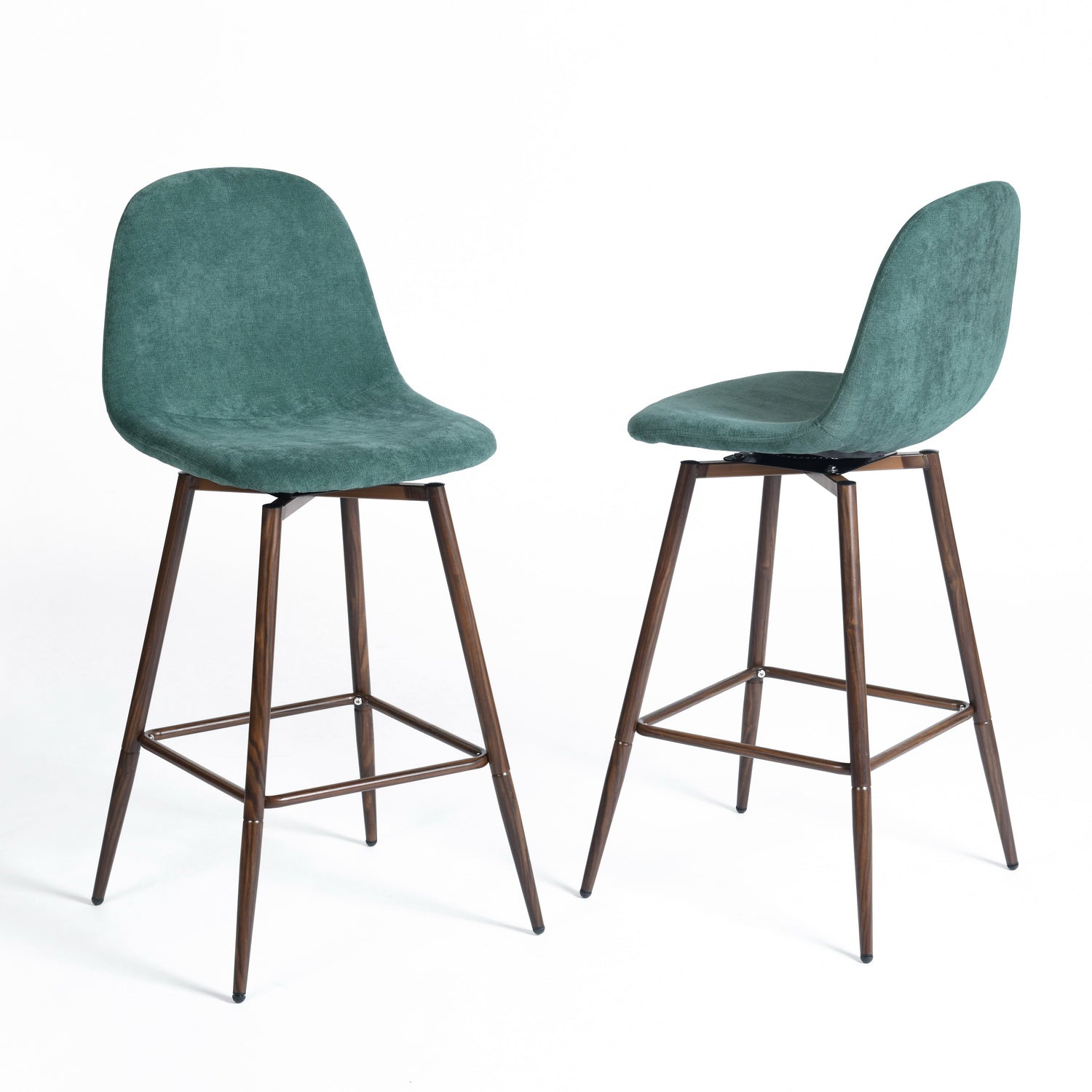 Homy Casa Charlton Counter 2PC 26" Teal Terry Green Swivel Counter Barstool with Walnut Metal Legs