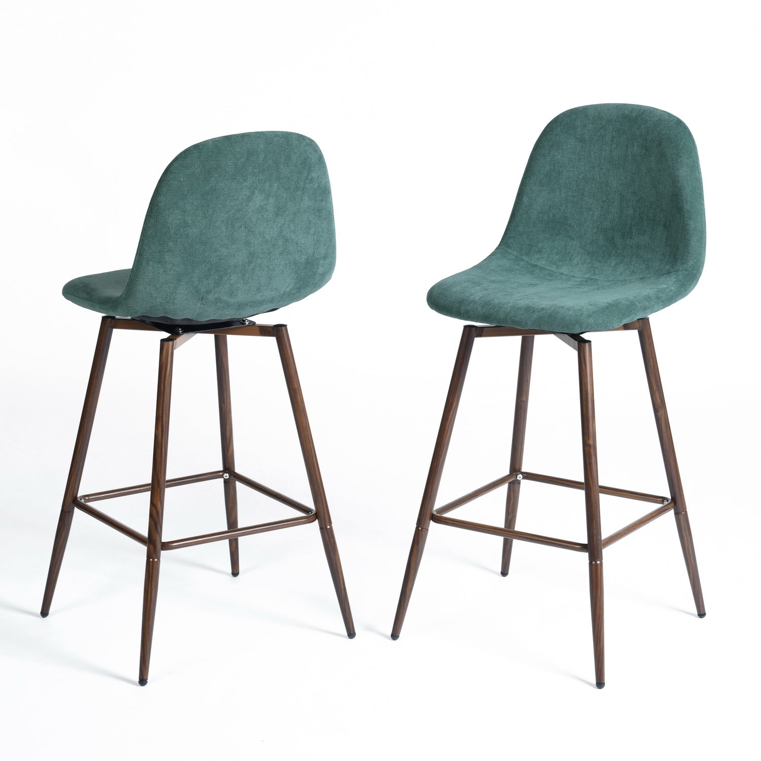 Homy Casa Charlton Counter 2PC 26" Teal Terry Green Swivel Counter Barstool with Walnut Metal Legs