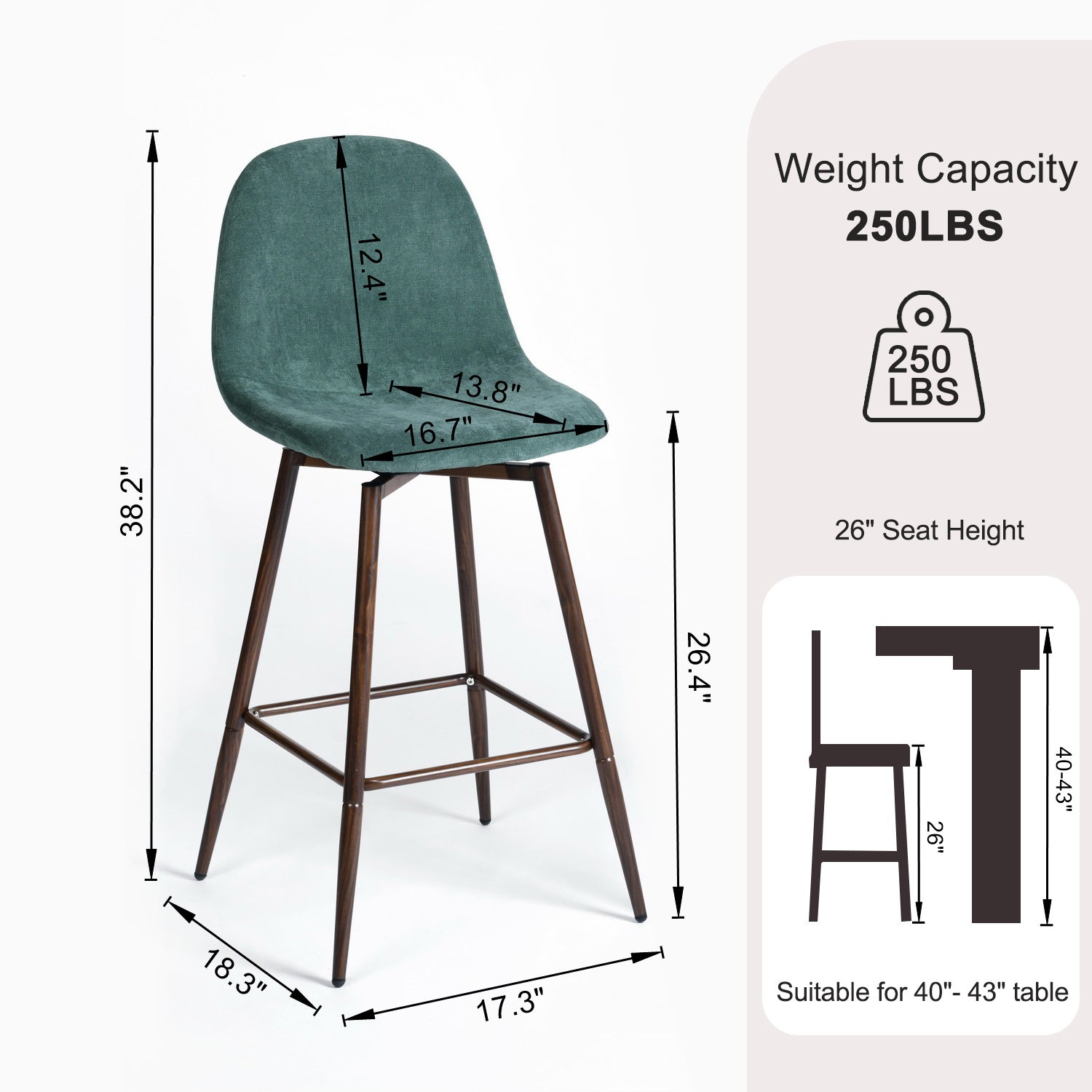 Homy Casa Charlton Counter 2PC 26" Teal Terry Green Swivel Counter Barstool with Walnut Metal Legs