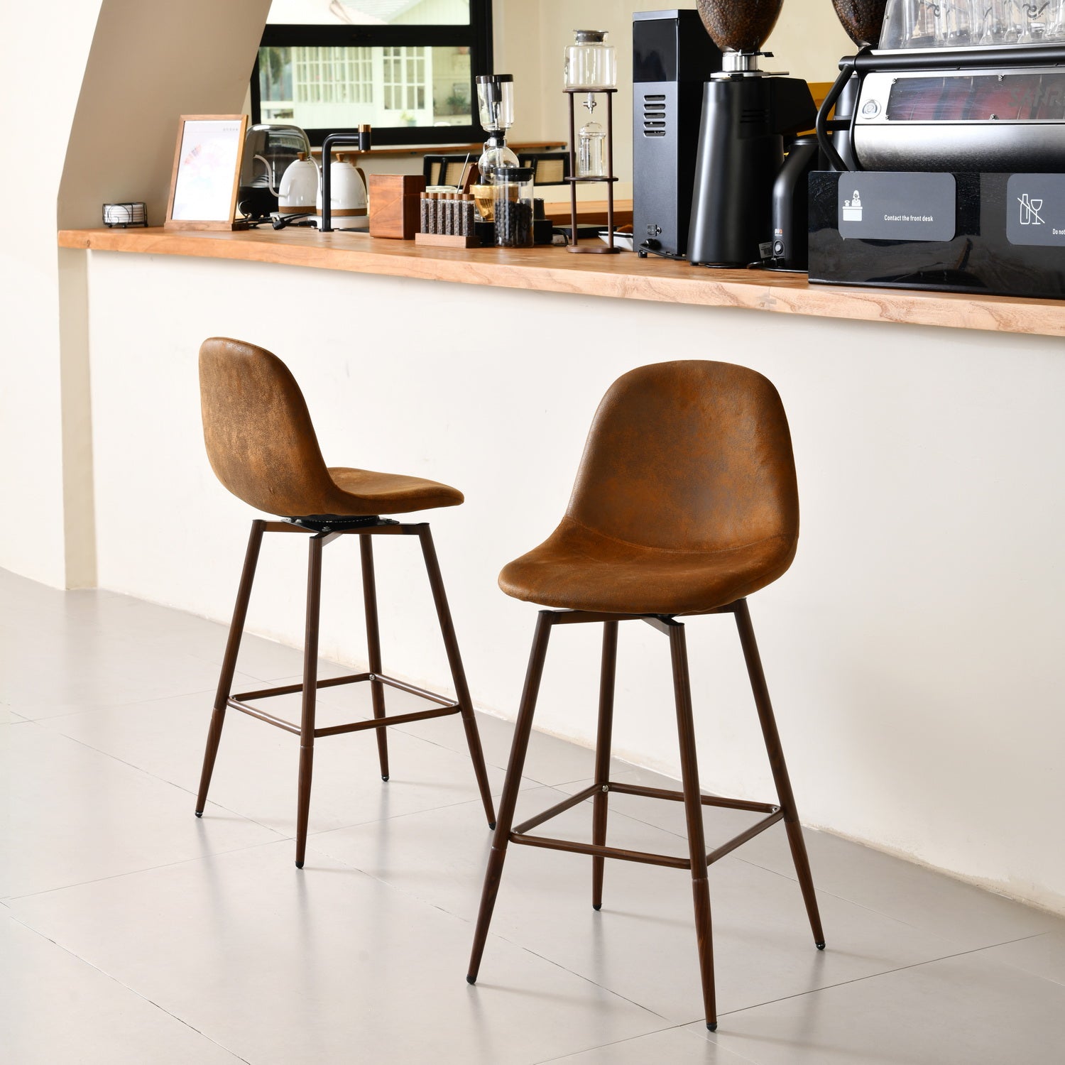 Homy Casa Charlton Counter 2PC Bar Stool Suede Brown Swivel Chair Open Box