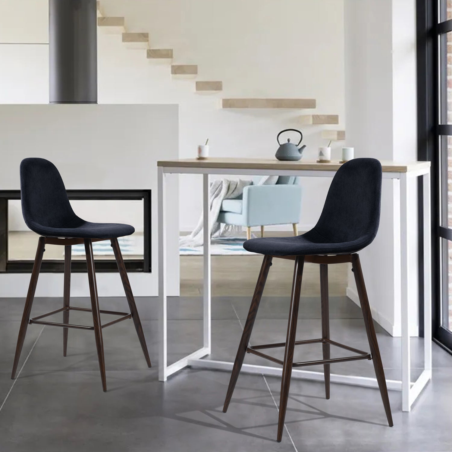 Open Box Homy Casa CHARLTON COUNTER 26" Navy Blue Terry Barstool with Walnut Metal Legs - Bar Stool Seating