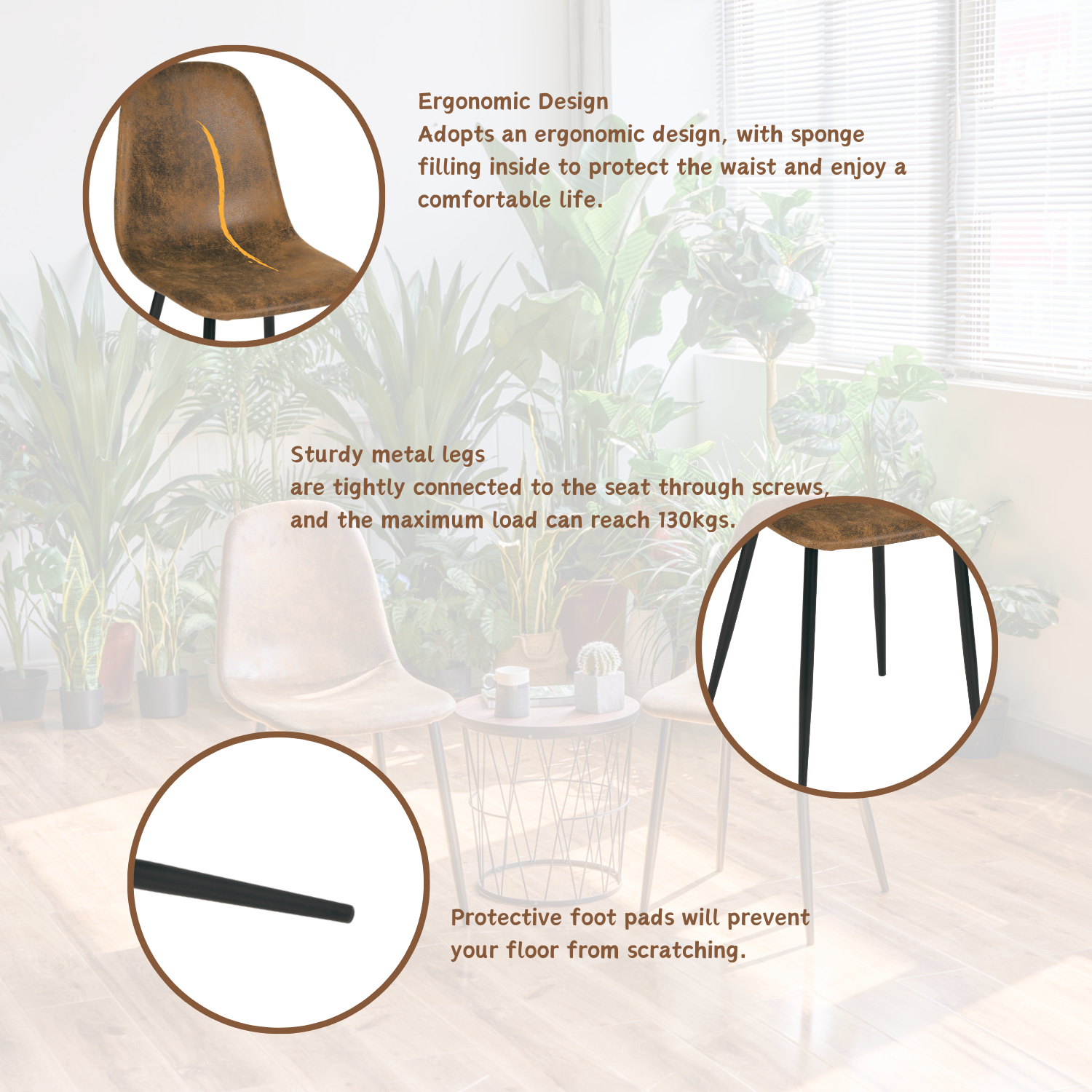 Homy Casa CAJON 150+CHARLTON 5-Piece Dining Set 59" White Marble Table and 4 Brown Suede Chairs Open Box