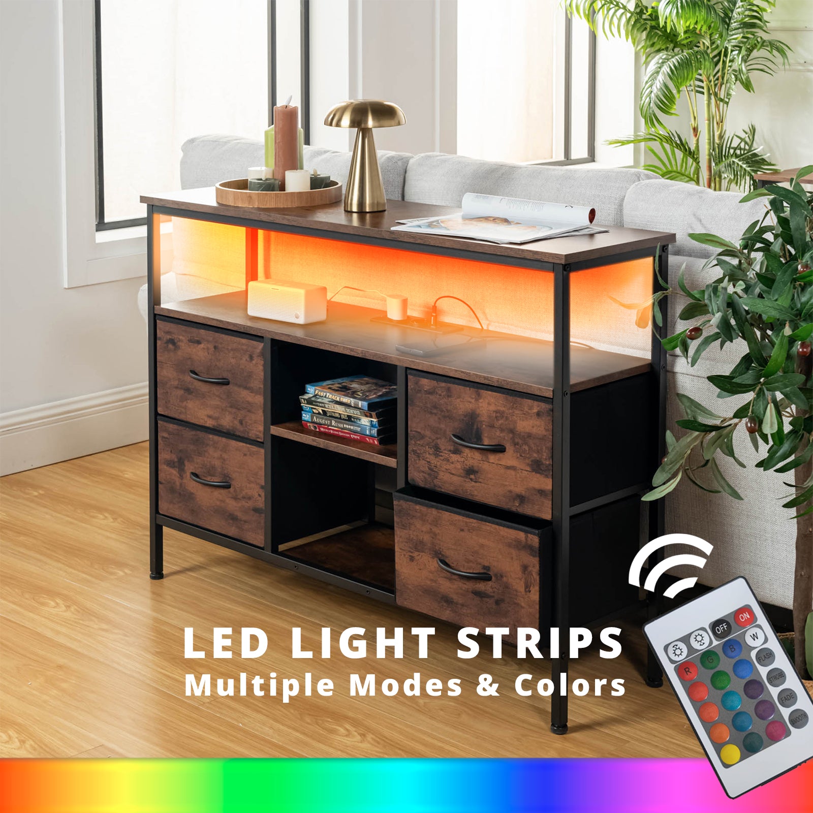 Homy Casa Clay 43.3“ Entertainment Center with Charging Station and 4 Drawers