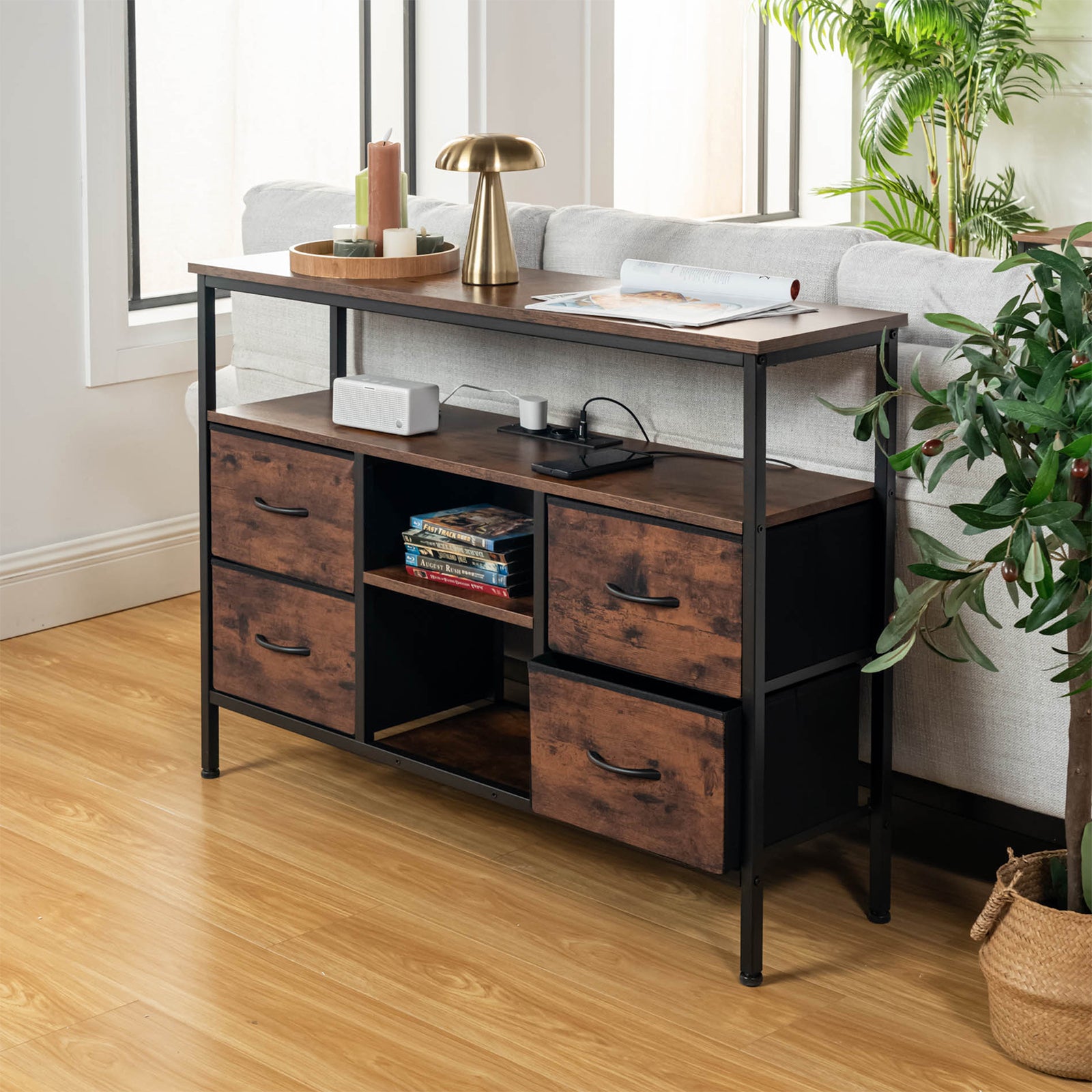 Homy Casa Clay 43.3“ Entertainment Center with Charging Station and 4 Drawers