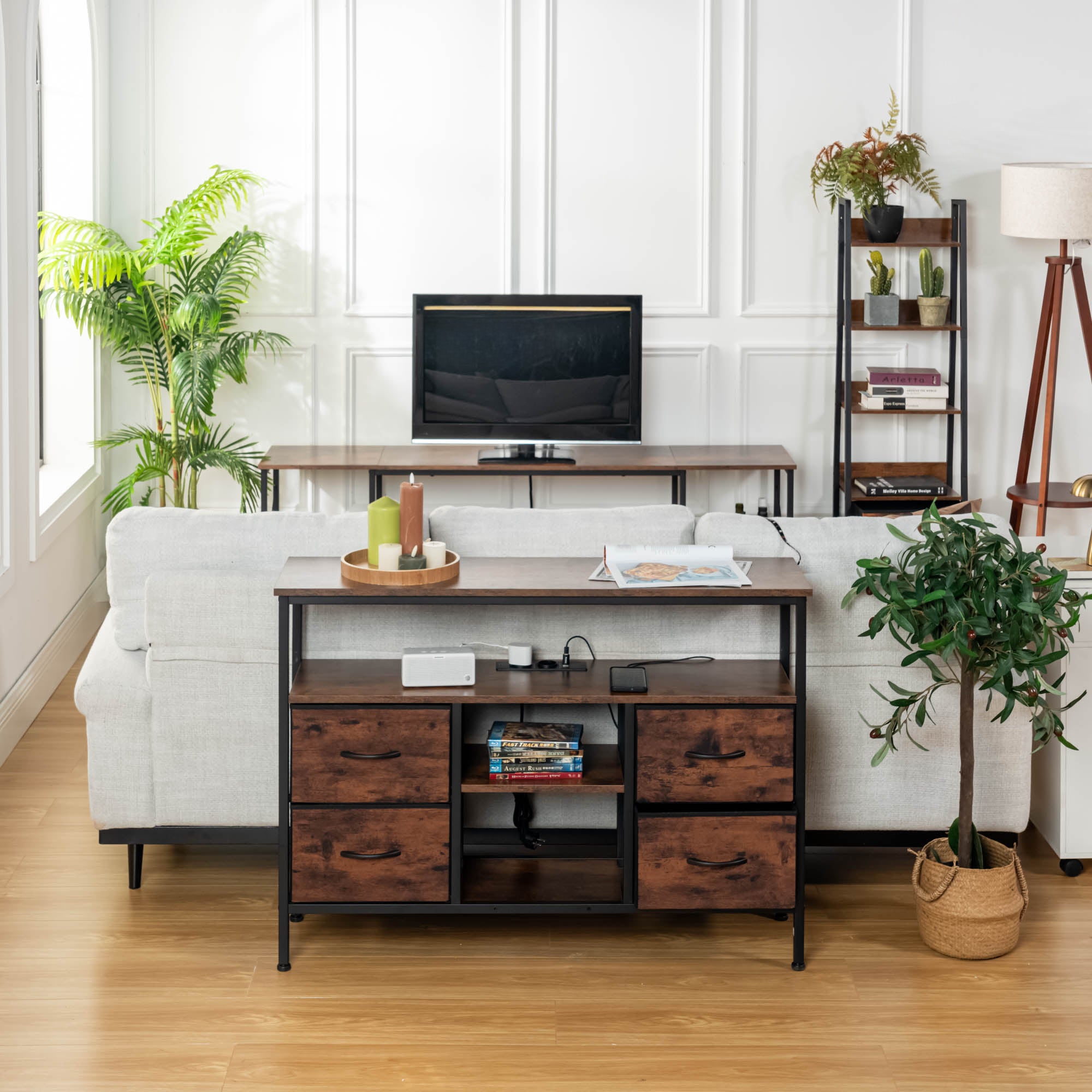 Homy Casa Clay 43.3“ Entertainment Center with Charging Station and 4 Drawers