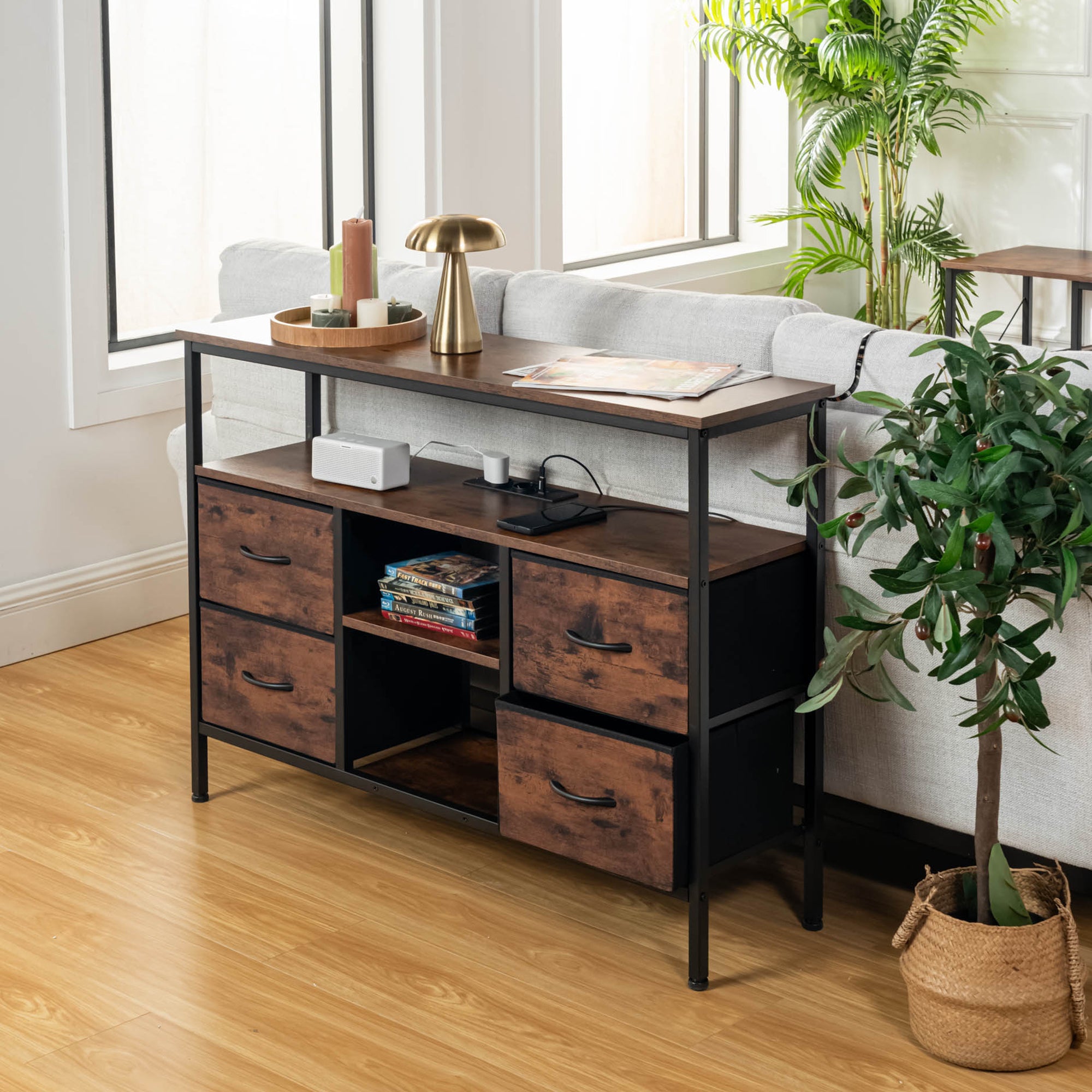 Homy Casa Clay 43.3“ Entertainment Center with Charging Station and 4 Drawers