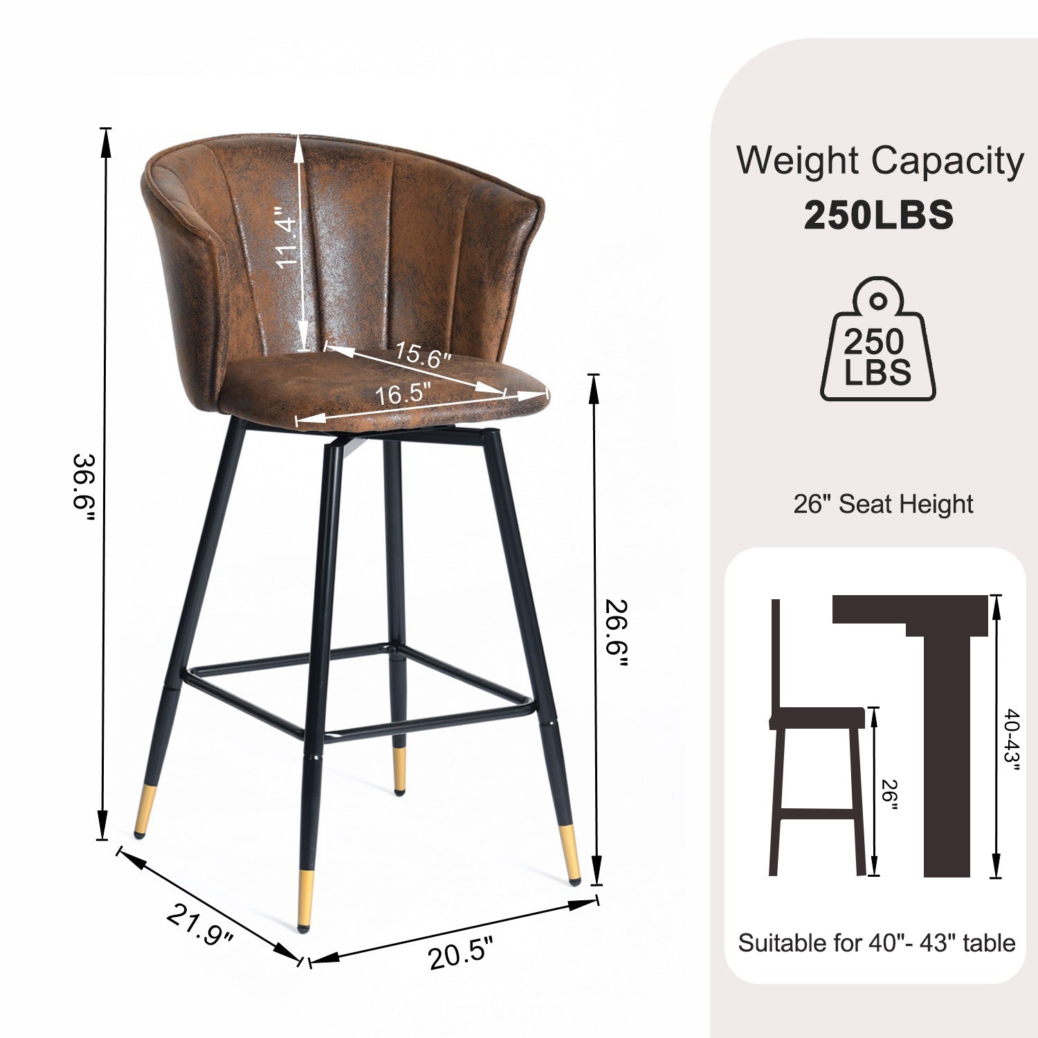 Doncic 26" Antique Suede Counter Height Bar Stool Set of 2 with Gold-Tipped Steel Legs