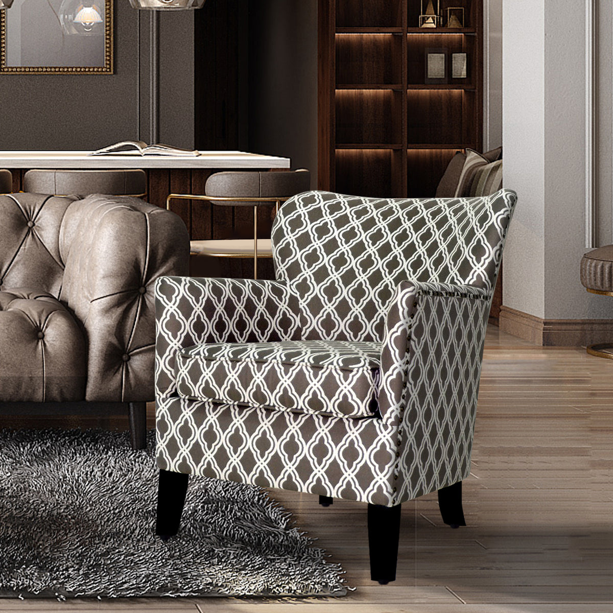 Homy Casa ELLIOT Pattern Accent Chair with Solid Wood Legs and Fireproof Fabric, Open Box