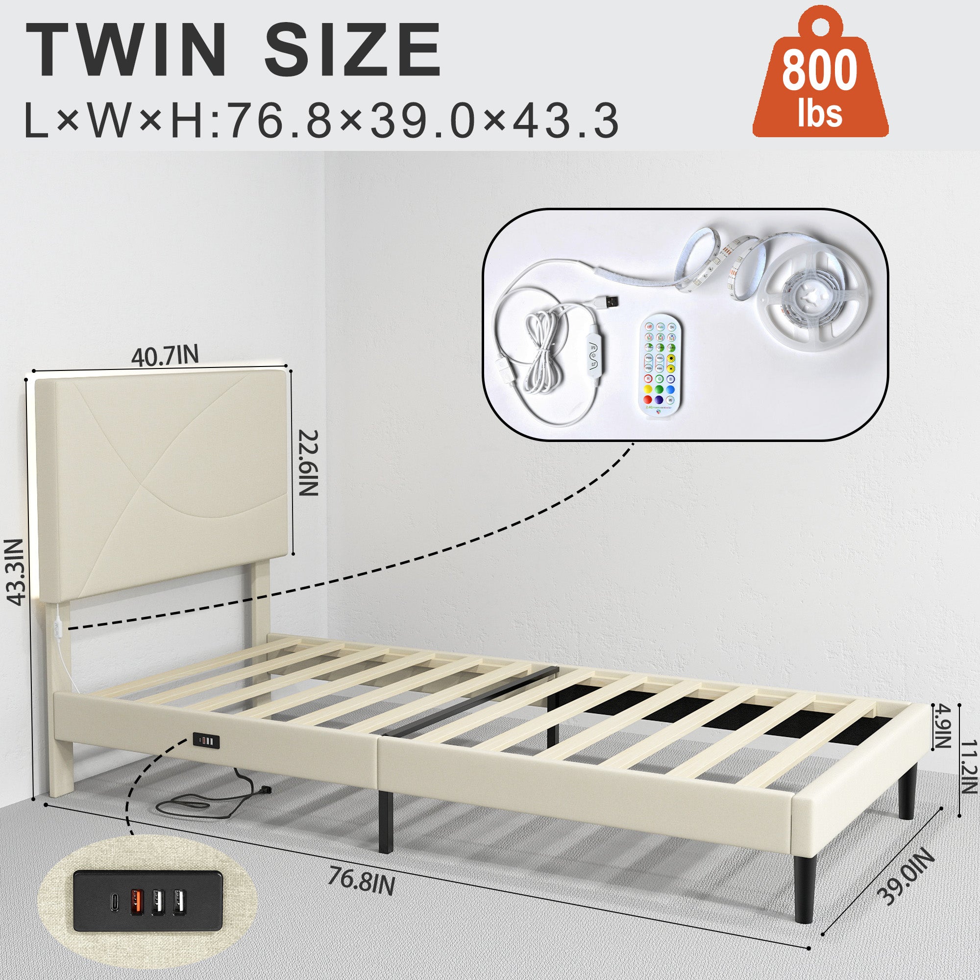 Open Box Homy Casa FOOTHILL TWIN BEIGE "41.3" x 78.5" Upholstered Bed with USB and LED - Twin Size Bed Frame for Bedroom