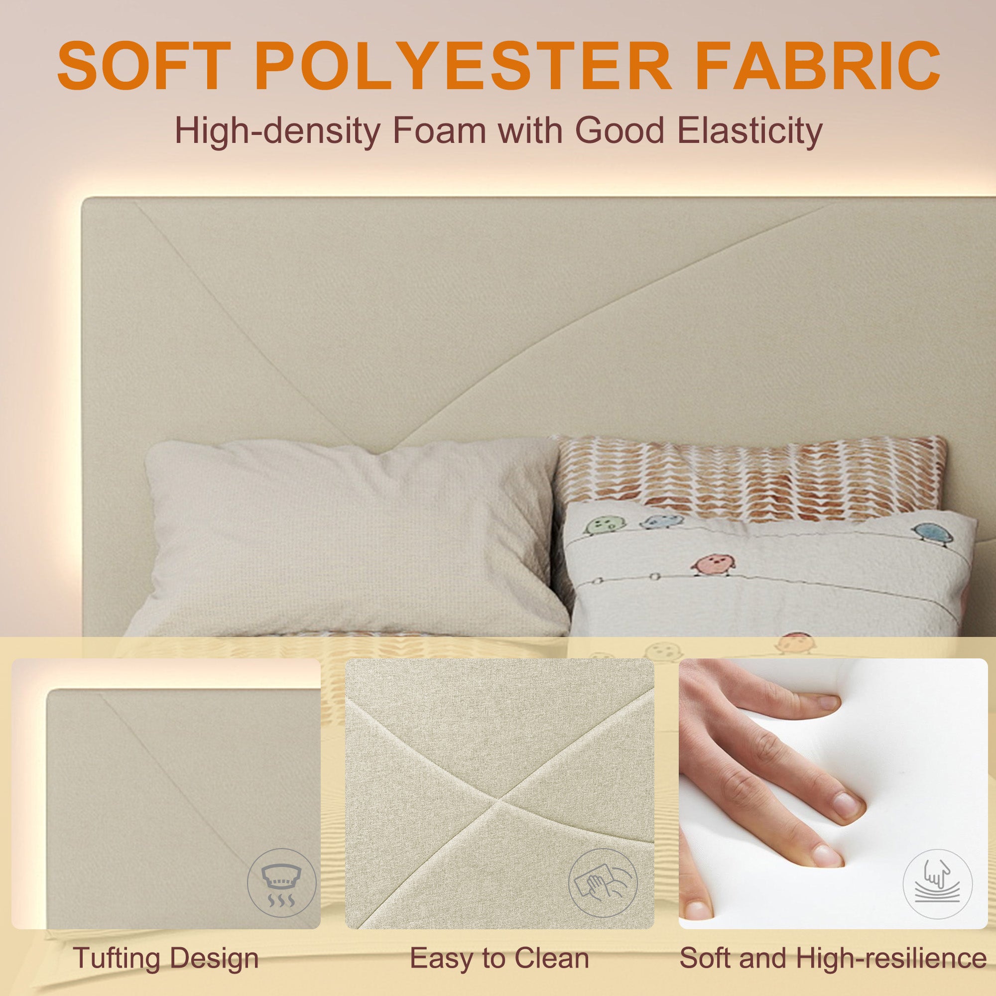 Open Box Homy Casa FOOTHILL TWIN BEIGE "41.3" x 78.5" Upholstered Bed with USB and LED - Twin Size Bed Frame for Bedroom