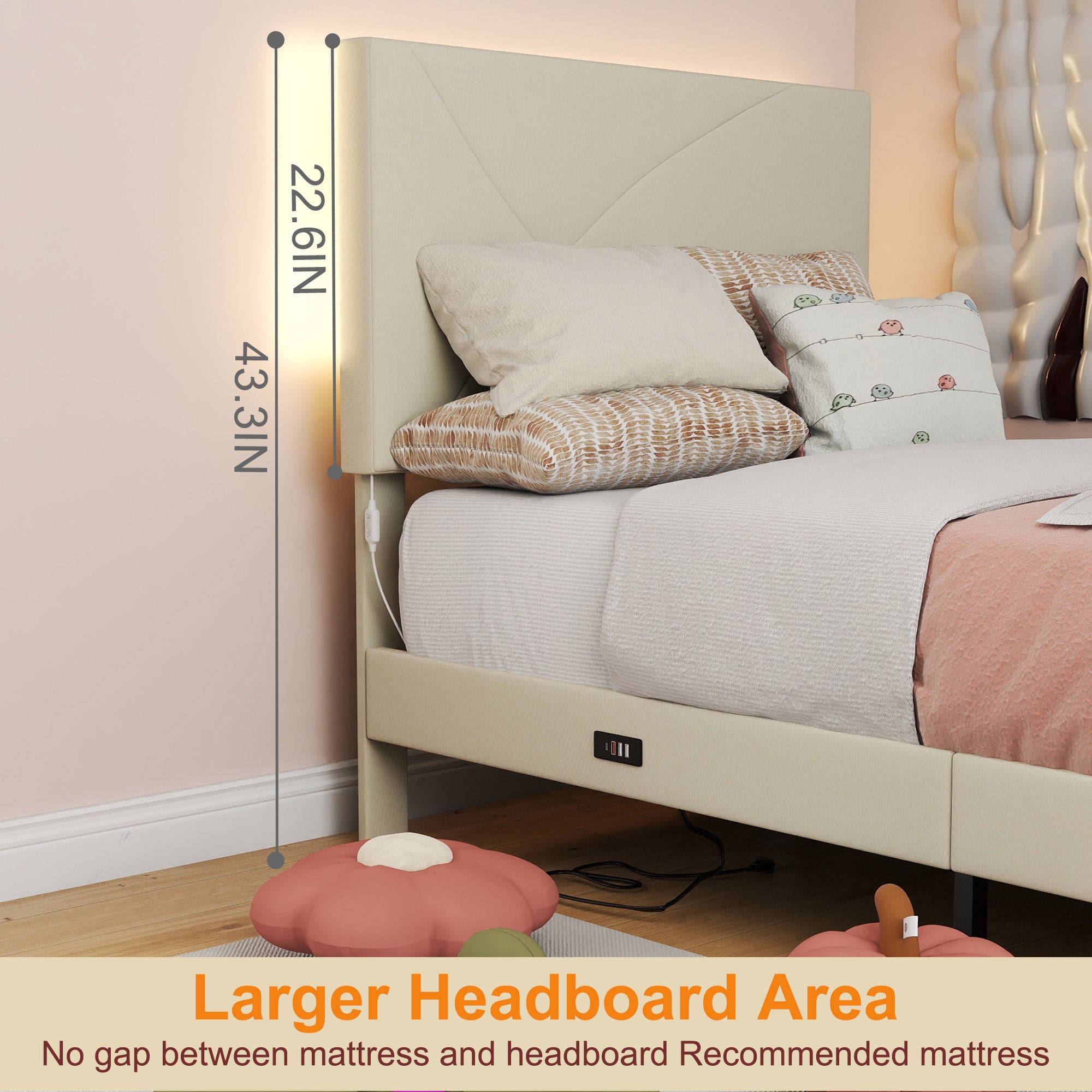 Open Box Homy Casa FOOTHILL TWIN BEIGE "41.3" x 78.5" Upholstered Bed with USB and LED - Twin Size Bed Frame for Bedroom
