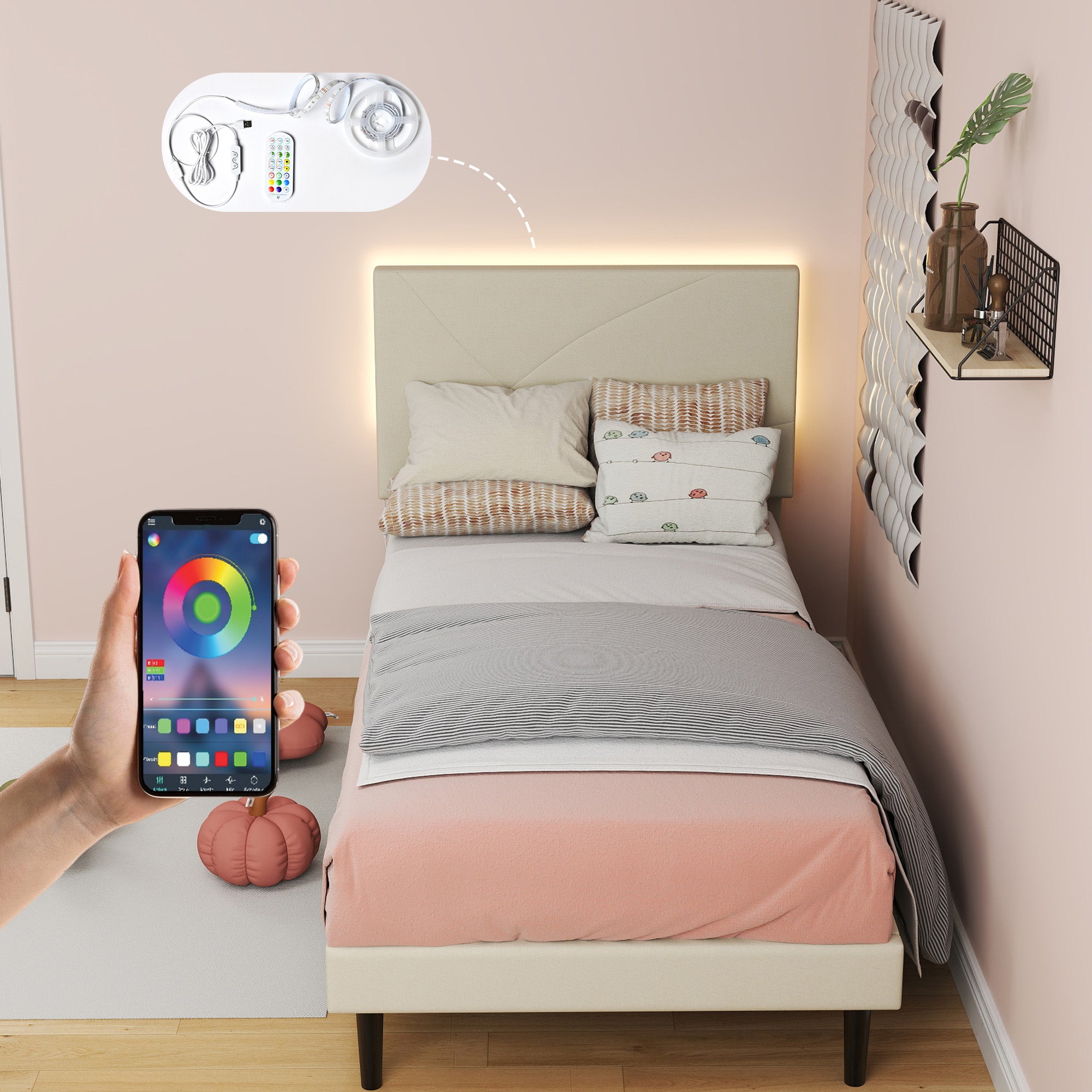 Open Box Homy Casa FOOTHILL TWIN BEIGE "41.3" x 78.5" Upholstered Bed with USB and LED - Twin Size Bed Frame for Bedroom