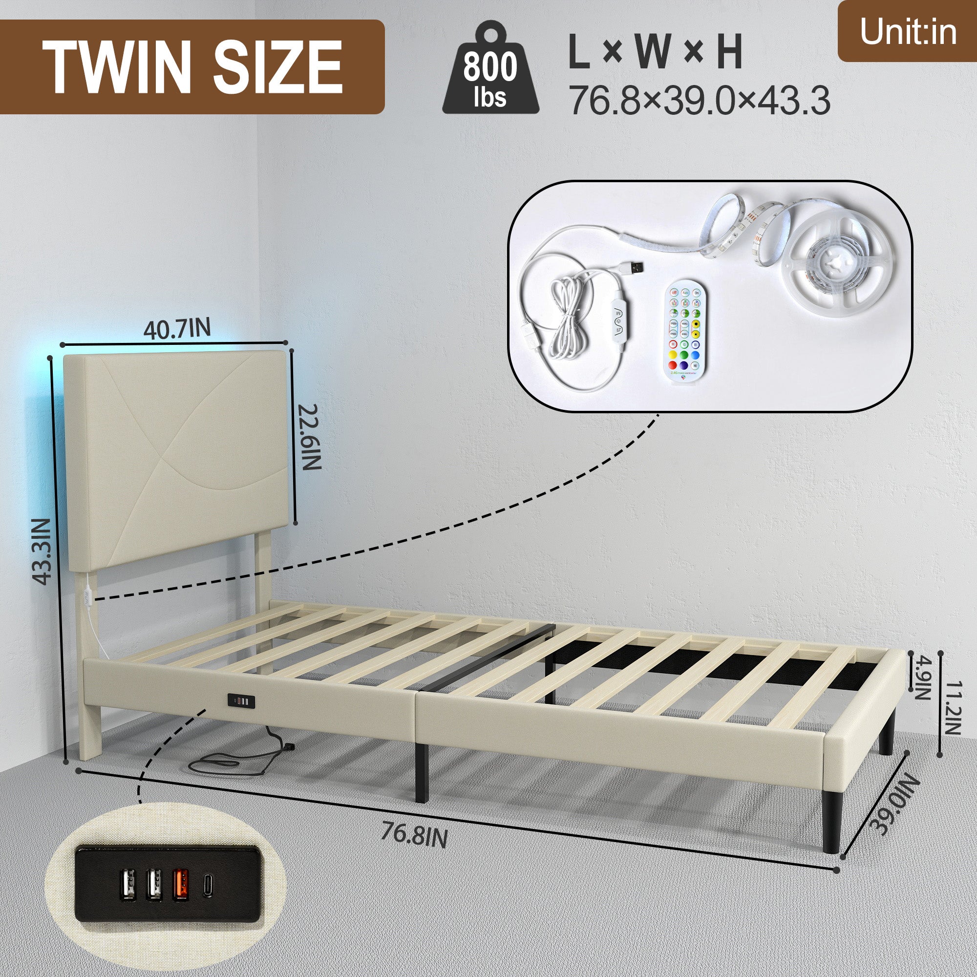 Open Box Homy Casa FOOTHILL TWIN BEIGE "41.3" x 78.5" Upholstered Bed with USB and LED - Twin Size Bed Frame for Bedroom