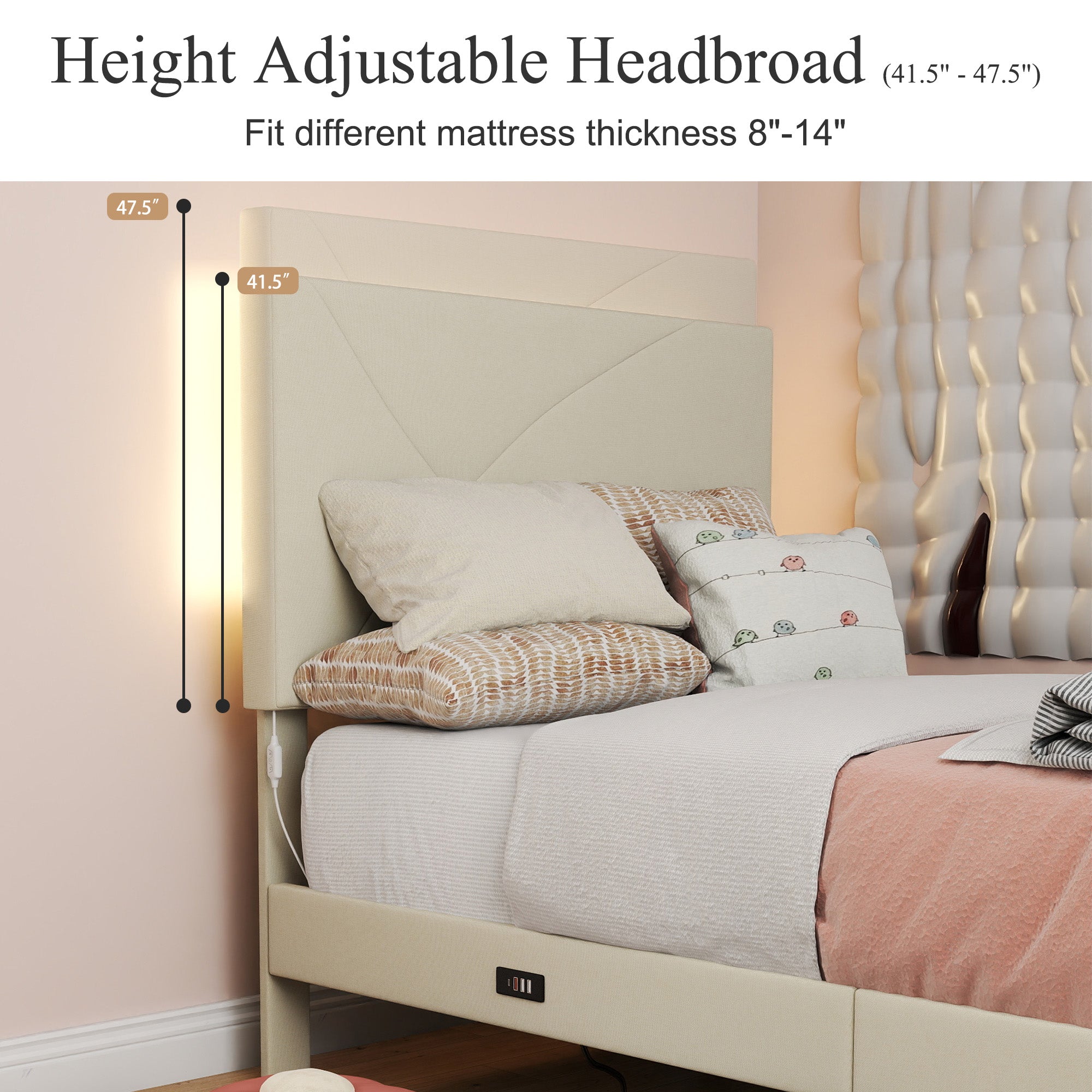 Open Box Homy Casa FOOTHILL TWIN BEIGE "41.3" x 78.5" Upholstered Bed with USB and LED - Twin Size Bed Frame for Bedroom