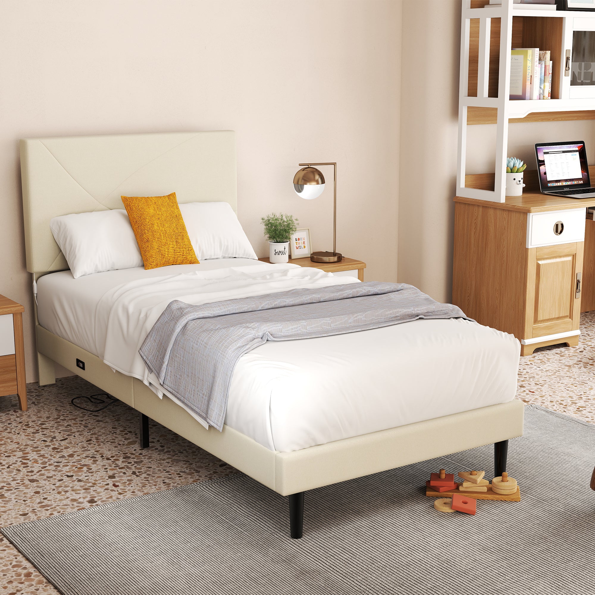 Open Box Homy Casa FOOTHILL TWIN BEIGE "41.3" x 78.5" Upholstered Bed with USB and LED - Twin Size Bed Frame for Bedroom