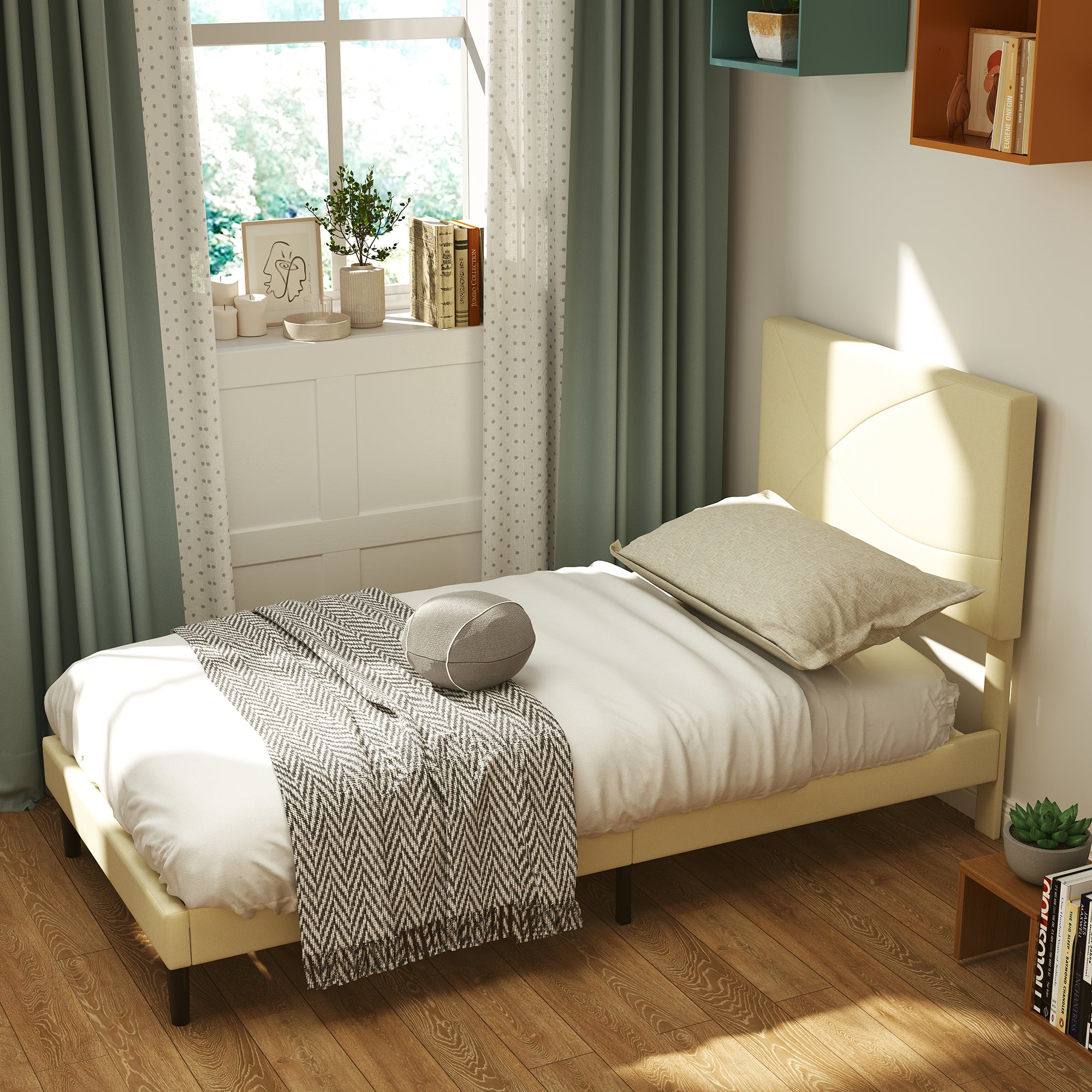Open Box Homy Casa FOOTHILL TWIN BEIGE "41.3" x 78.5" Upholstered Bed with USB and LED - Twin Size Bed Frame for Bedroom