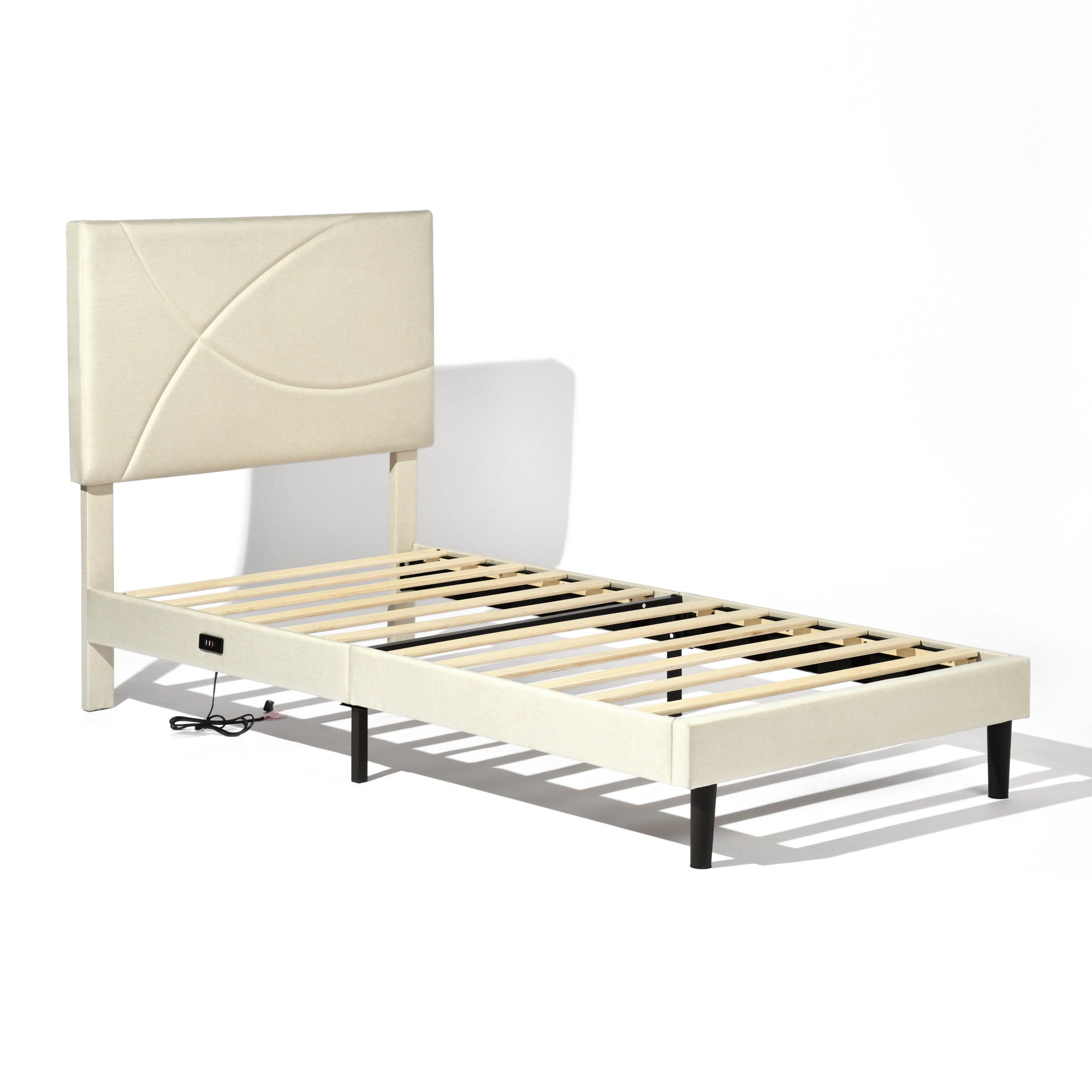 Open Box Homy Casa FOOTHILL TWIN BEIGE "41.3" x 78.5" Upholstered Bed with USB and LED - Twin Size Bed Frame for Bedroom