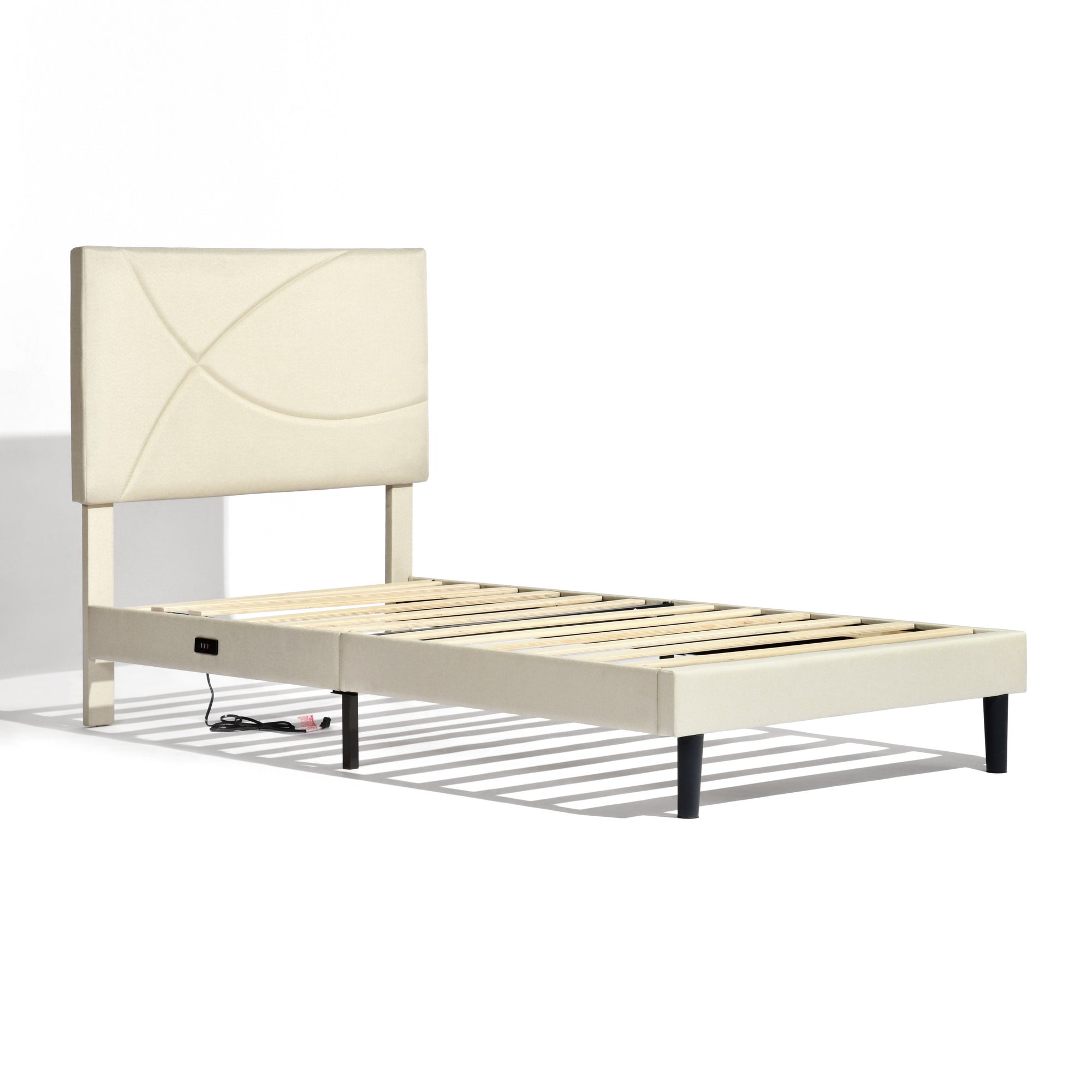 Open Box Homy Casa FOOTHILL TWIN BEIGE "41.3" x 78.5" Upholstered Bed with USB and LED - Twin Size Bed Frame for Bedroom