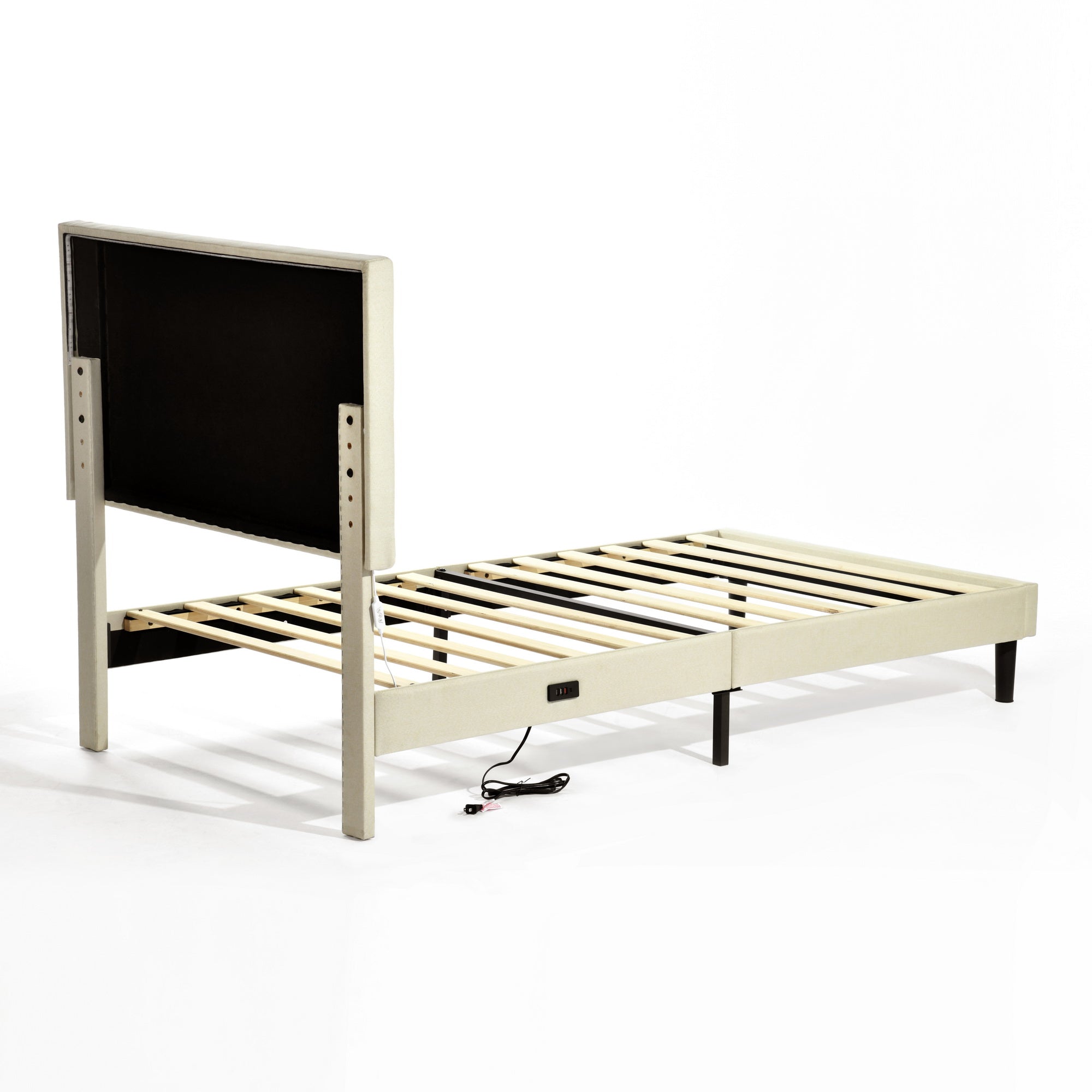 Open Box Homy Casa FOOTHILL TWIN BEIGE "41.3" x 78.5" Upholstered Bed with USB and LED - Twin Size Bed Frame for Bedroom