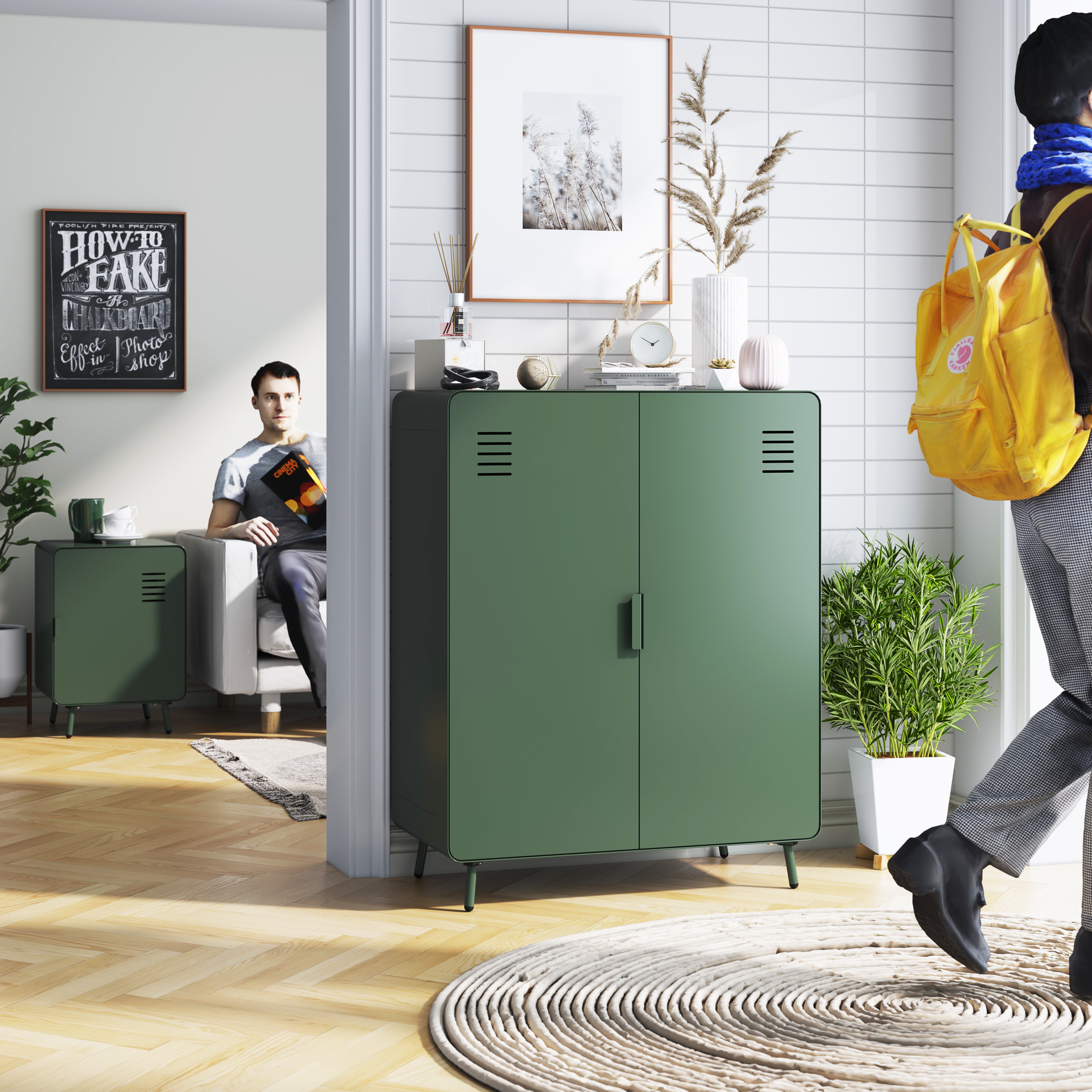 Homy Casa FORESTLINE 2 Doors Storage Cabinet Cactus Green "31.5" Versatile Steel Organizer