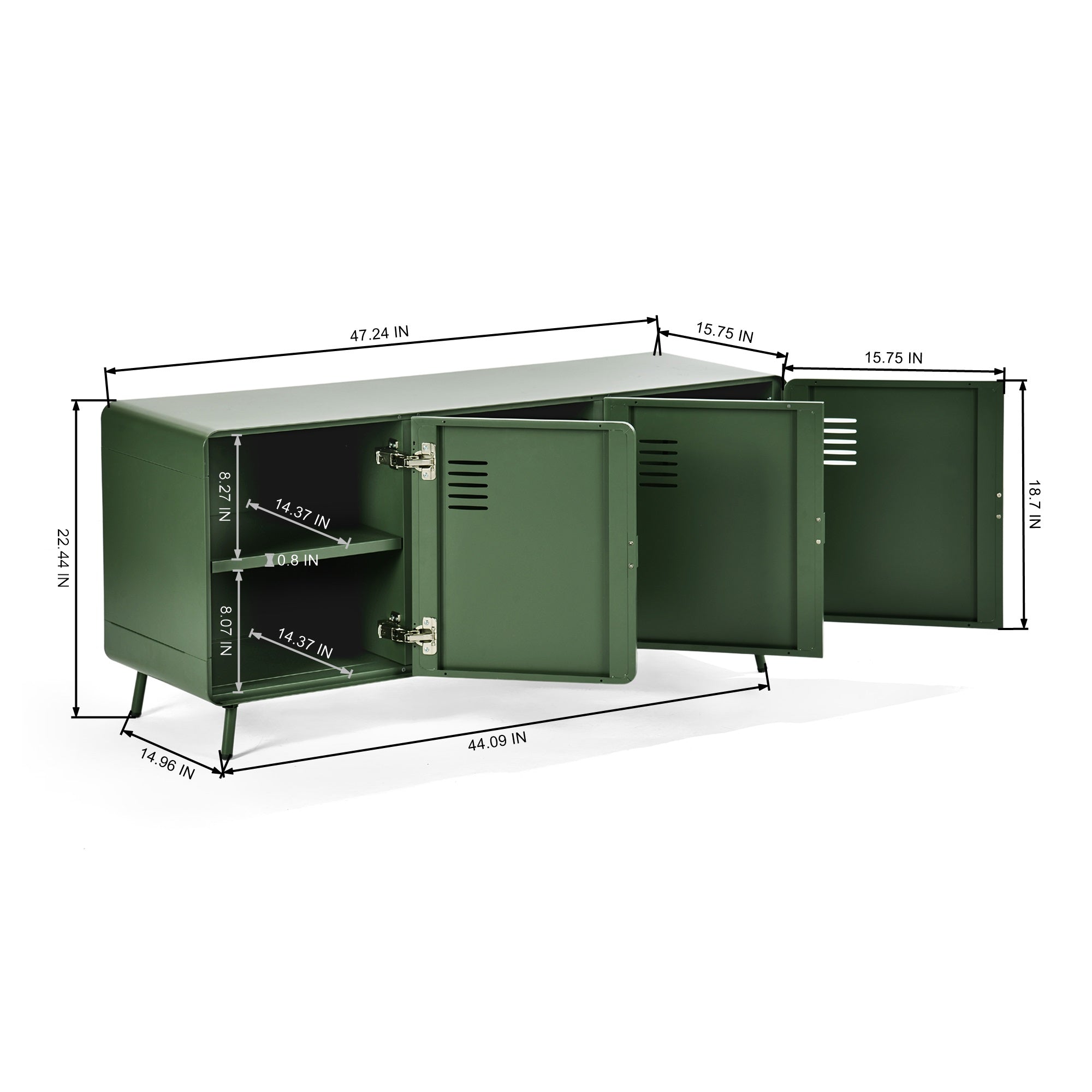 Homy Casa FORESTLINE LOW 3-DOOR CABINET CACTUS GREEN "47.2" W x 15.7" D x 22.4" H Storage Cabinet for Living Room, Bedroom, or Office