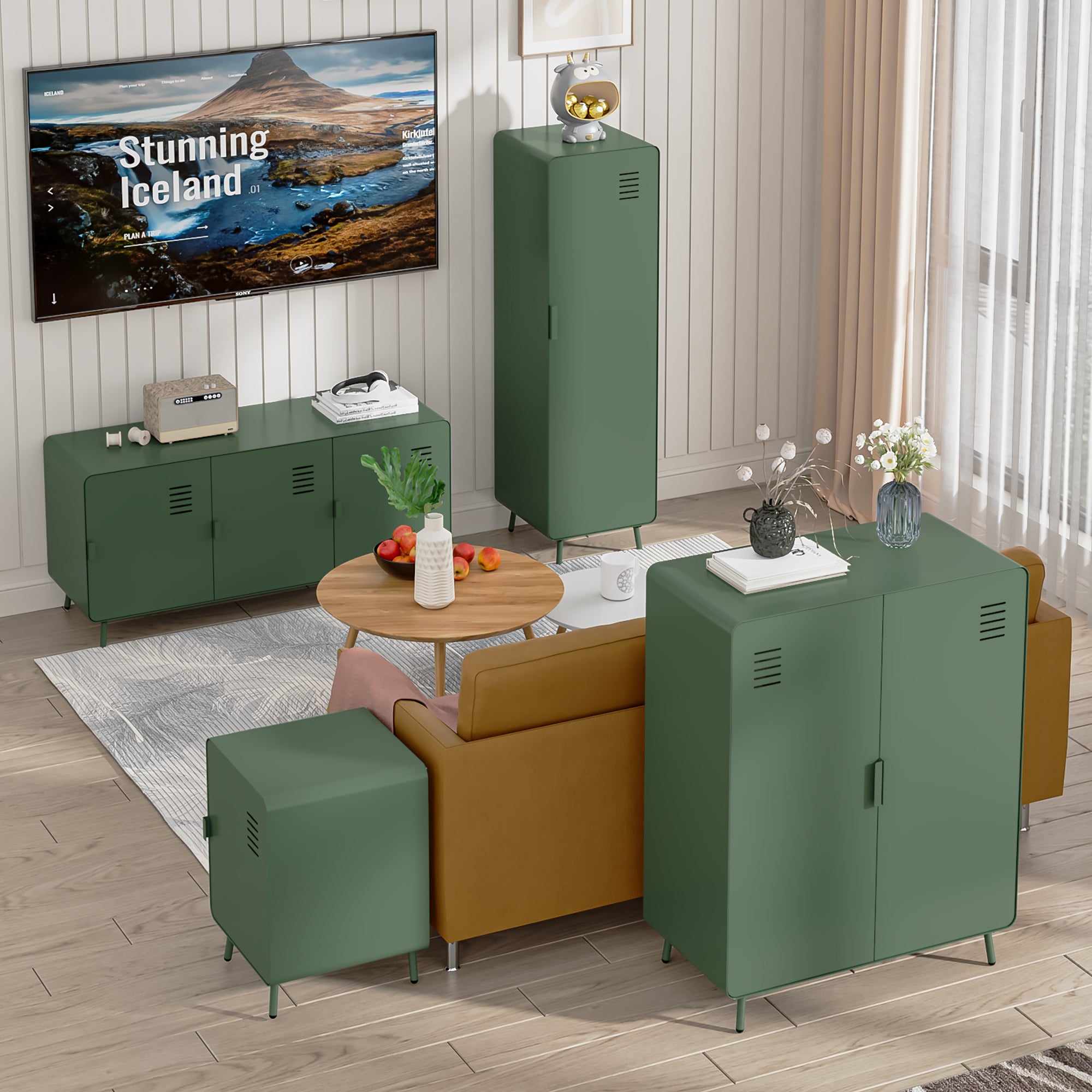 Homy Casa FORESTLINE LOW 3-DOOR CABINET CACTUS GREEN "47.2" W x 15.7" D x 22.4" H Storage Cabinet for Living Room, Bedroom, or Office