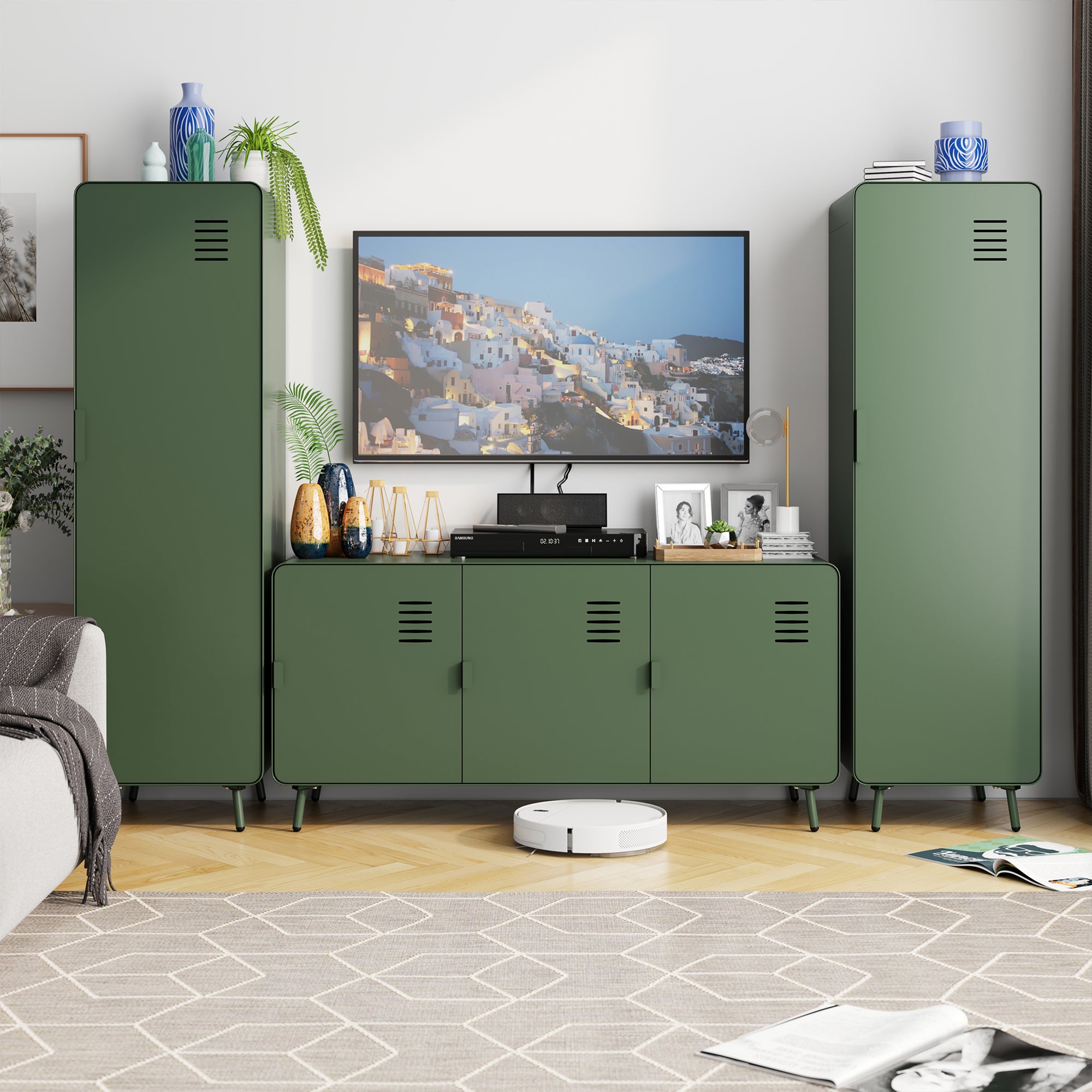 Homy Casa FORESTLINE LOW 3-DOOR CABINET CACTUS GREEN "47.2" W x 15.7" D x 22.4" H Storage Cabinet for Living Room, Bedroom, or Office