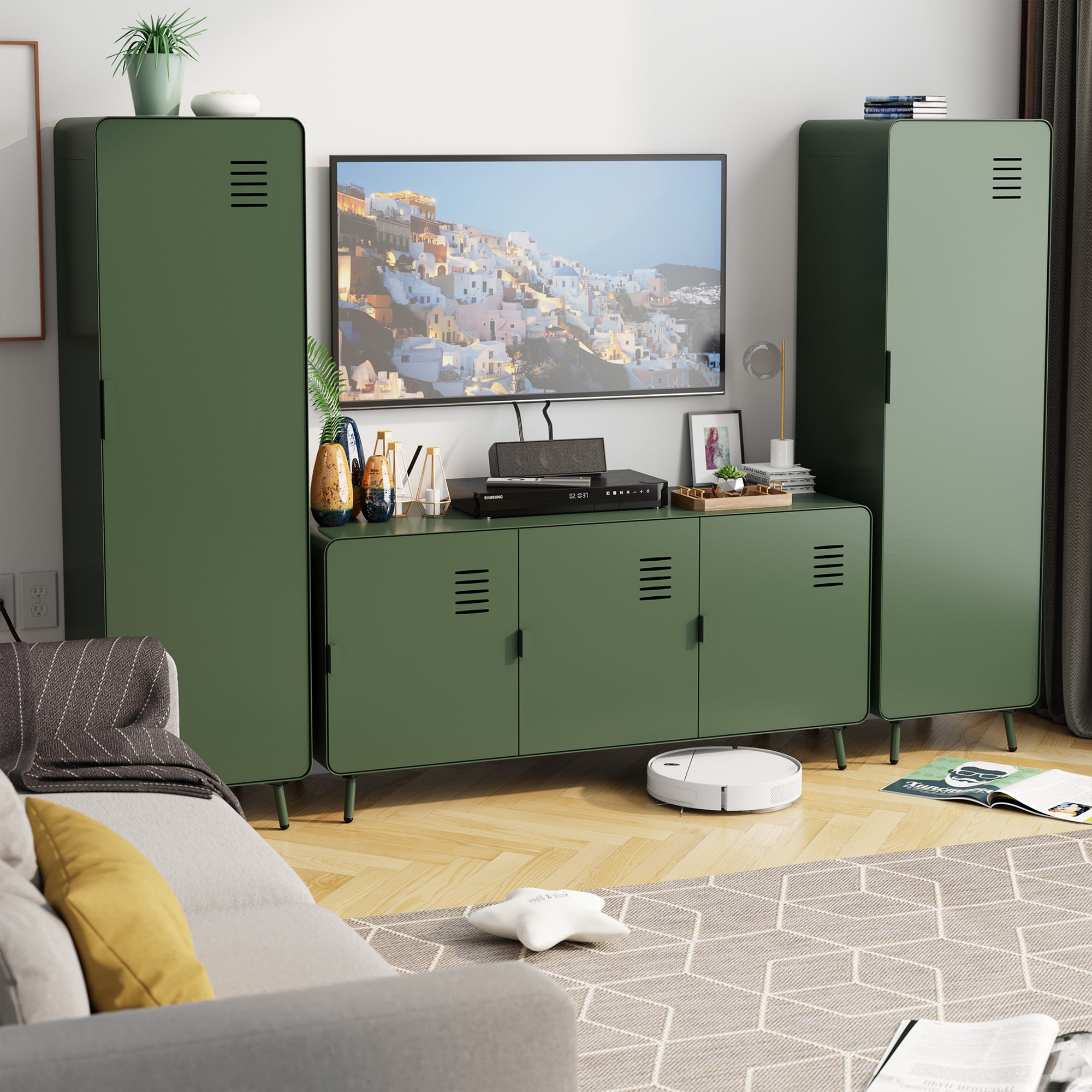 Homy Casa FORESTLINE LOW 3-DOOR CABINET CACTUS GREEN "47.2" W x 15.7" D x 22.4" H Storage Cabinet for Living Room, Bedroom, or Office