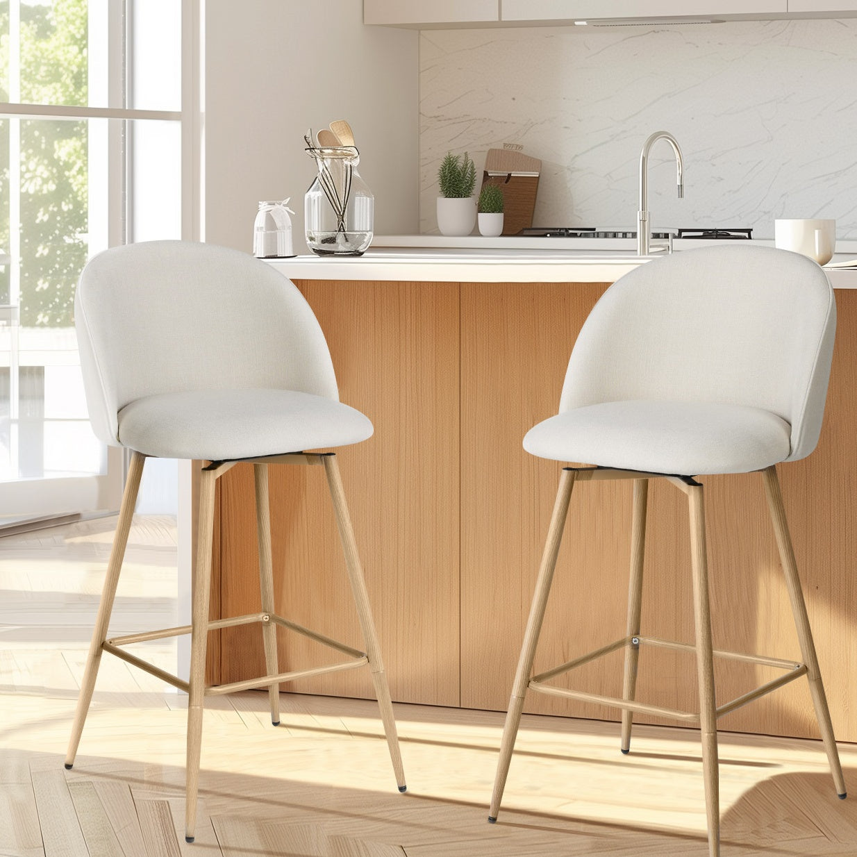 Homy Casa HASEEB Counter Fabric Barstool Beige Oak Leg 18.3"  x 19.9"  x 37"  Swivel Barstool Open Box