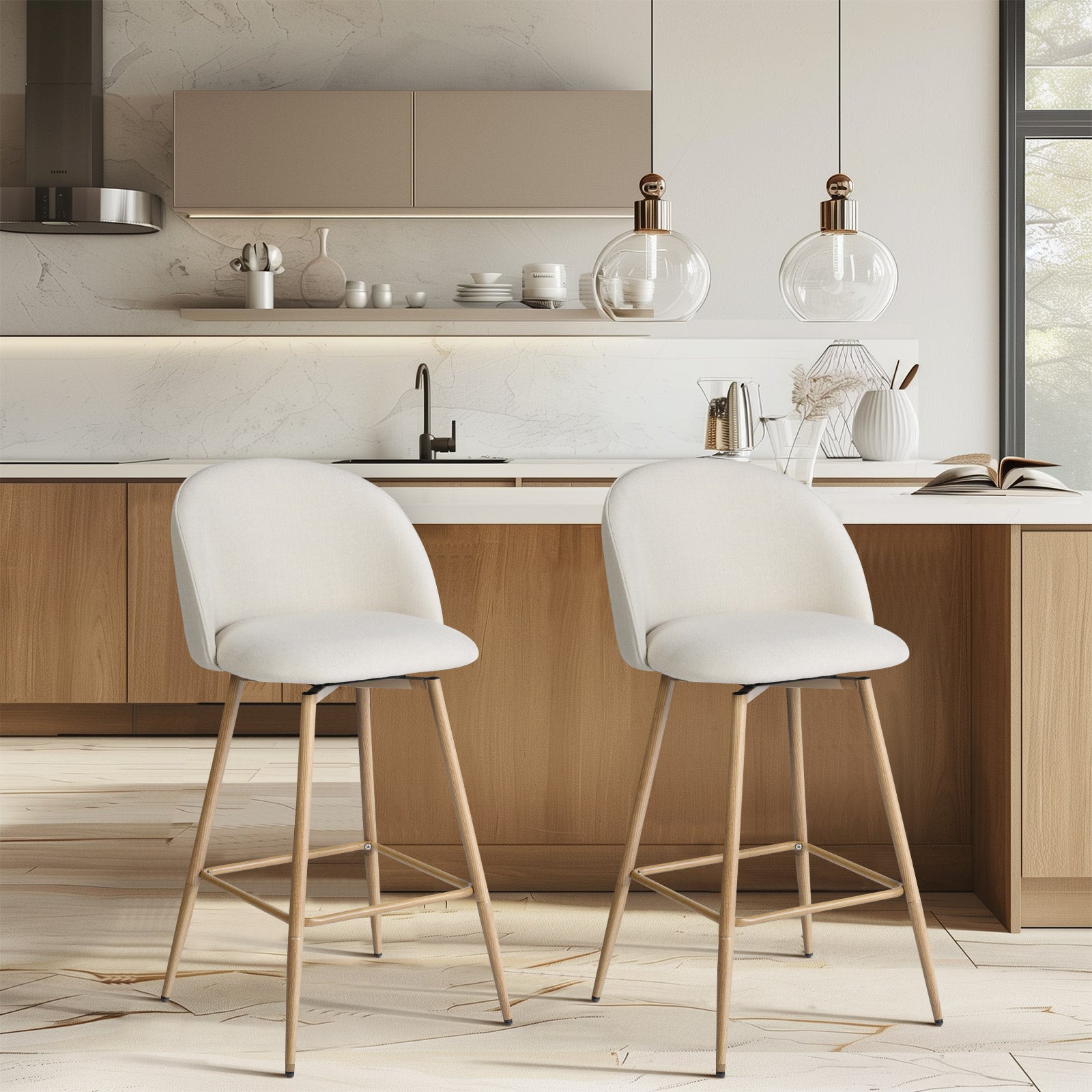 Homy Casa HASEEB Counter Fabric Barstool Beige Oak Leg 18.3"  x 19.9"  x 37"  Swivel Barstool Open Box