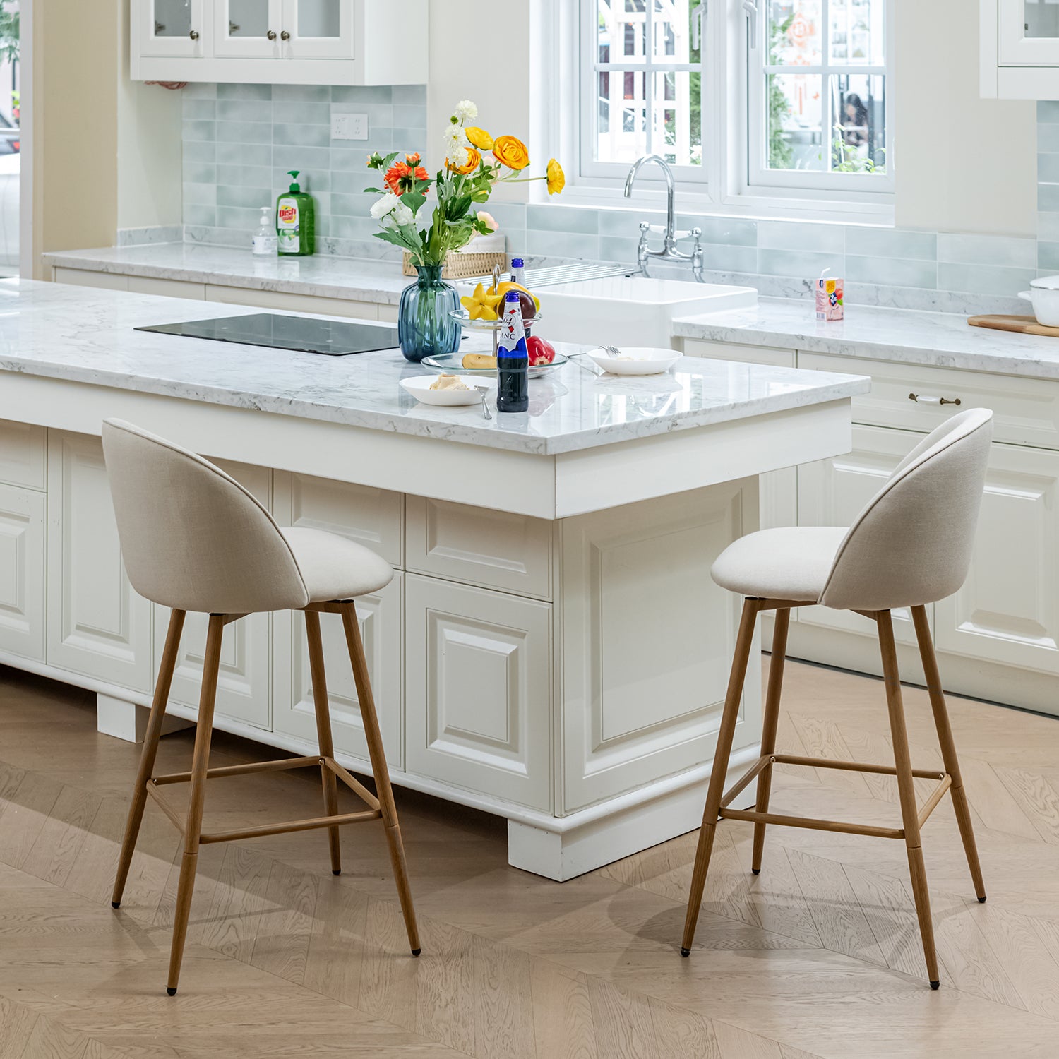 Homy Casa HASEEB Beige Swivel Barstool with Oak Legs, Fabric Upholstery, 46.5x50.5x94cm Open Box