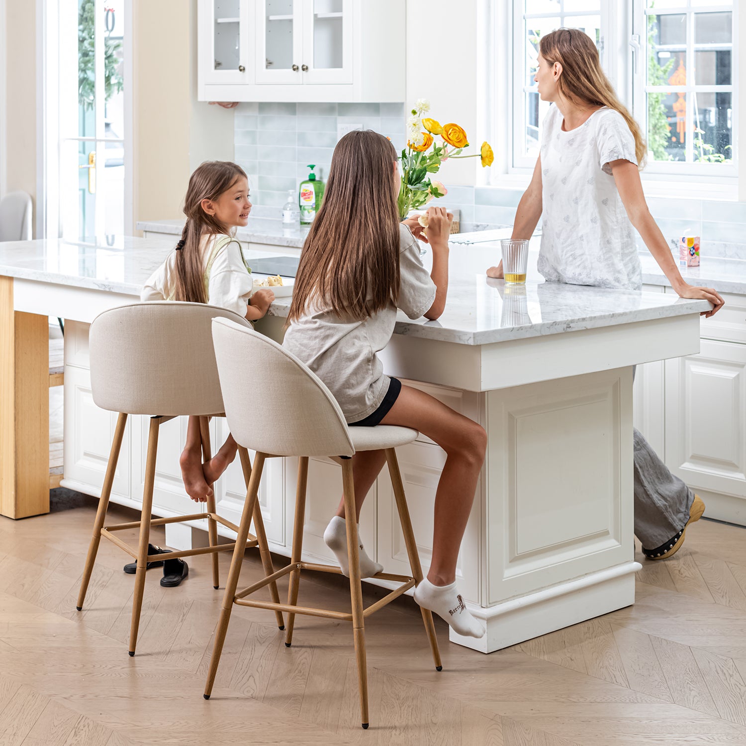 Homy Casa HASEEB Beige Swivel Barstool with Oak Legs, Fabric Upholstery, 46.5x50.5x94cm Open Box