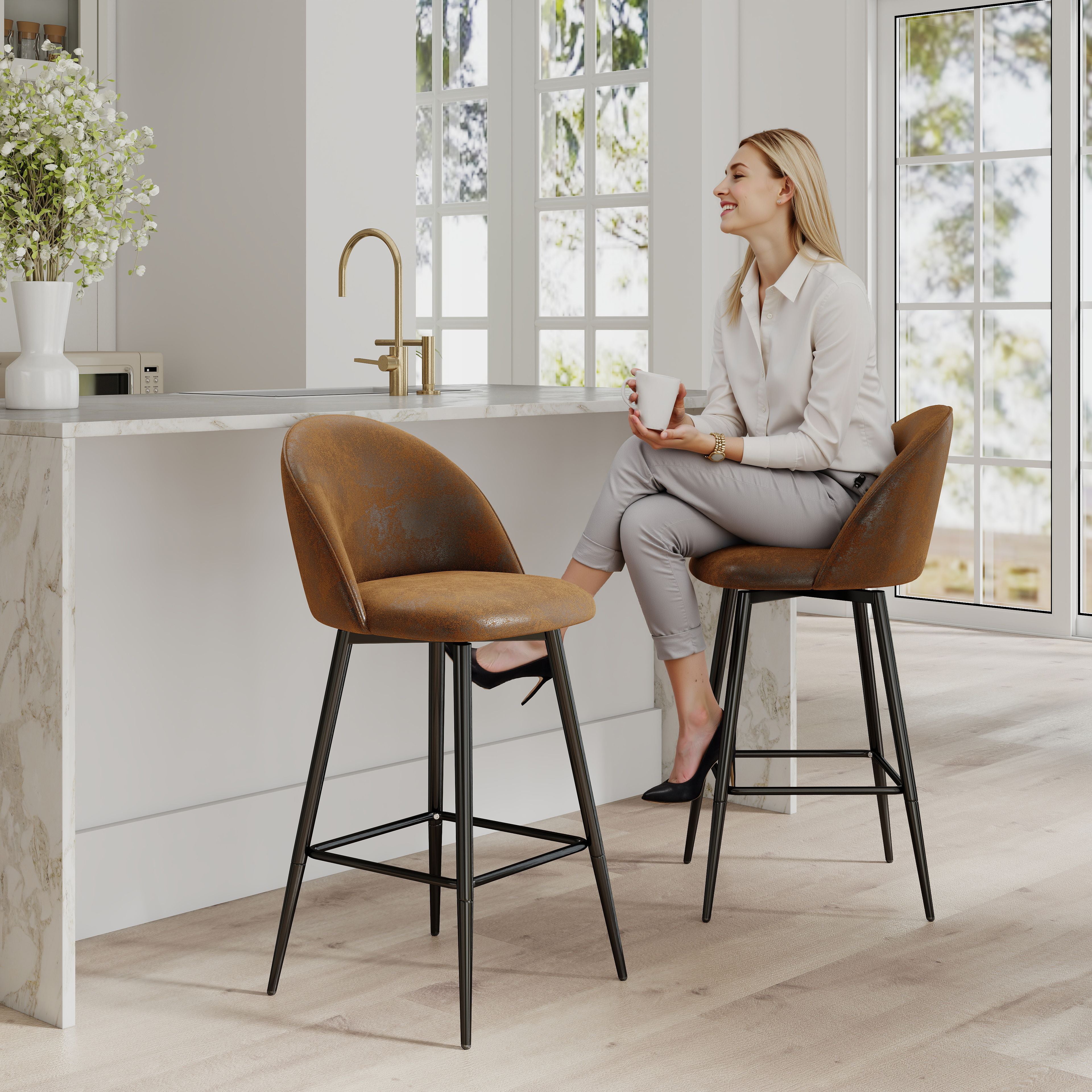 Homy Casa HASEEB Counter Swivel Barstool, Suede Brown & Black, Oak Finish, 46.5x50.5x94cm Open Box