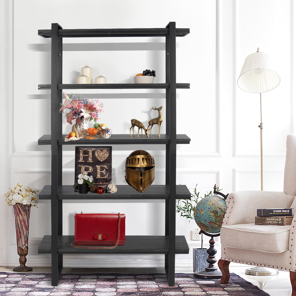 Homy Casa KAPTOUM Five Layer Open Shelf, 100x28x180cm, Black Trestle Leg, MDF Faux Wood