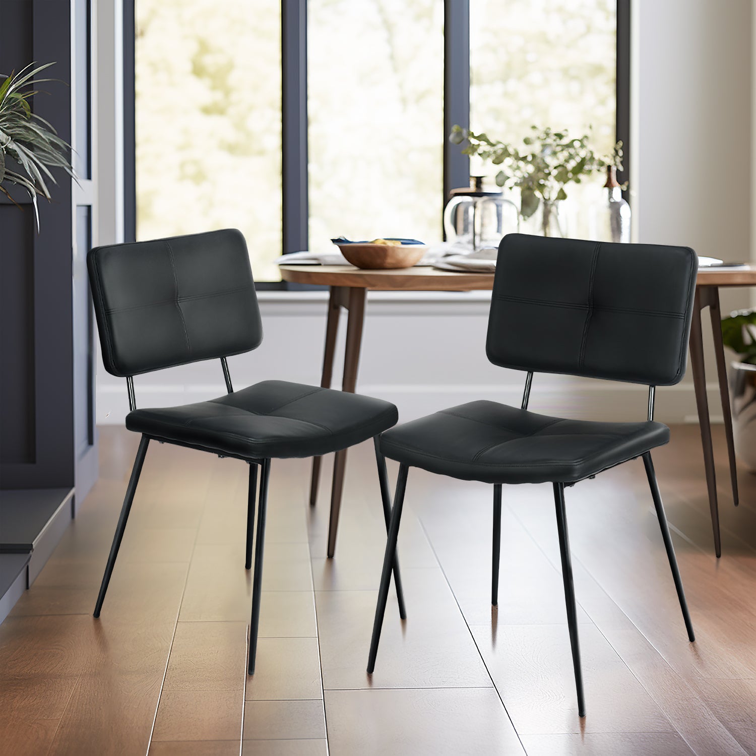 KOM Modern PU Dining Chairs Set of 2, Black Metal Legs