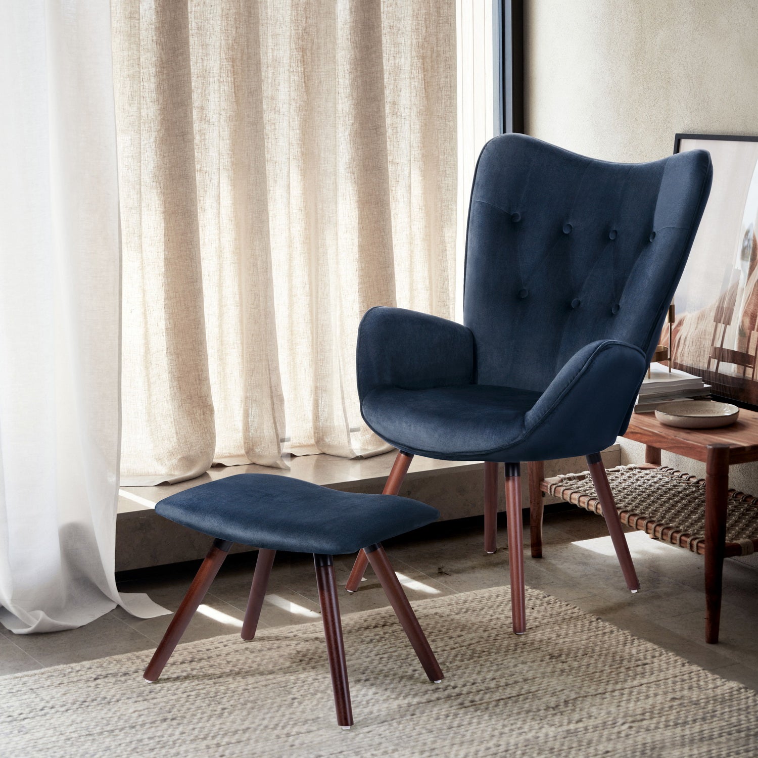 Homy Casa KAS Ottoman Blue Leisure Chair with Ottoman for Living Room and Home Relaxation Open Box