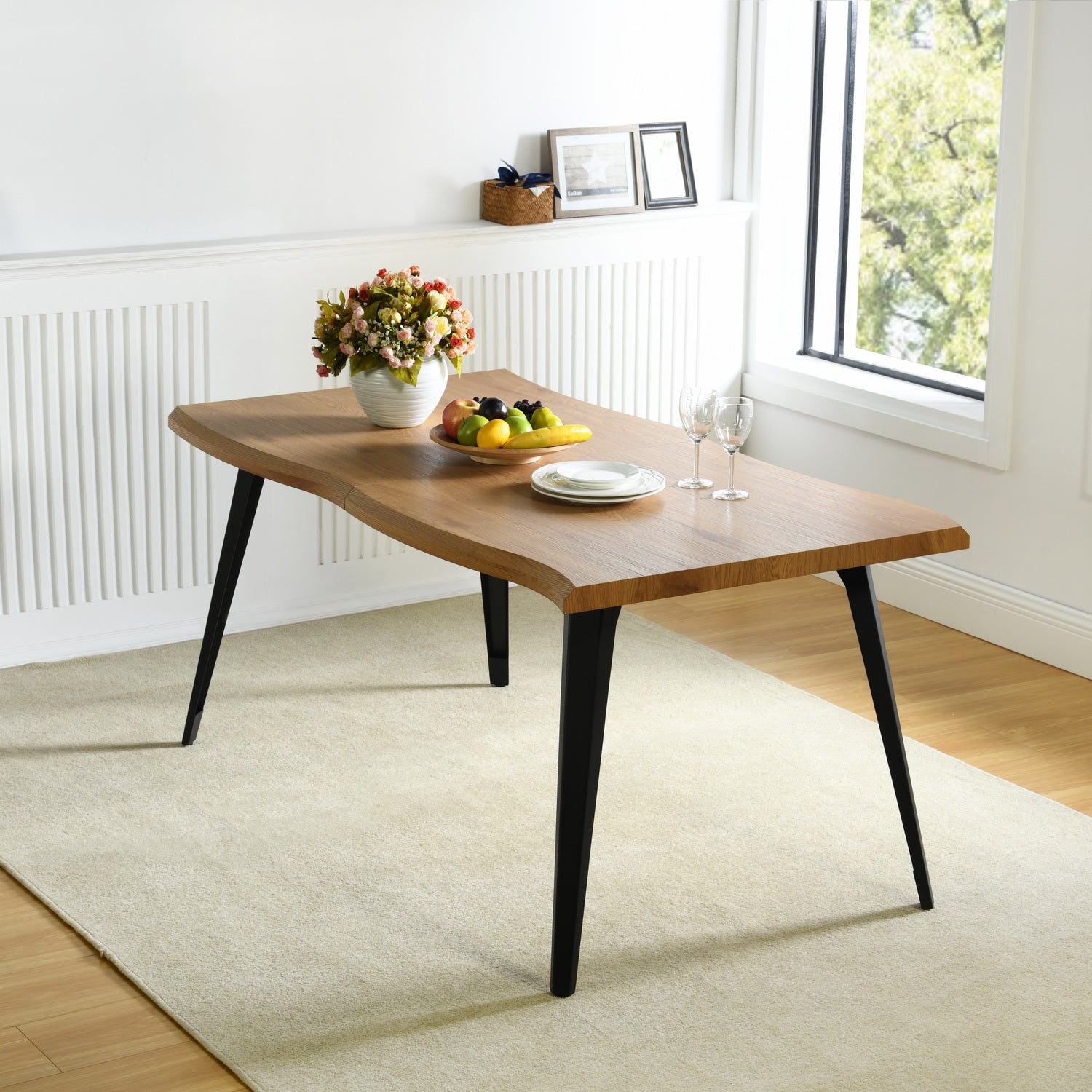 Homy Casa Lancelot 63” Dining Table for 6 Solid Wood Look Wavy Edge,Oak