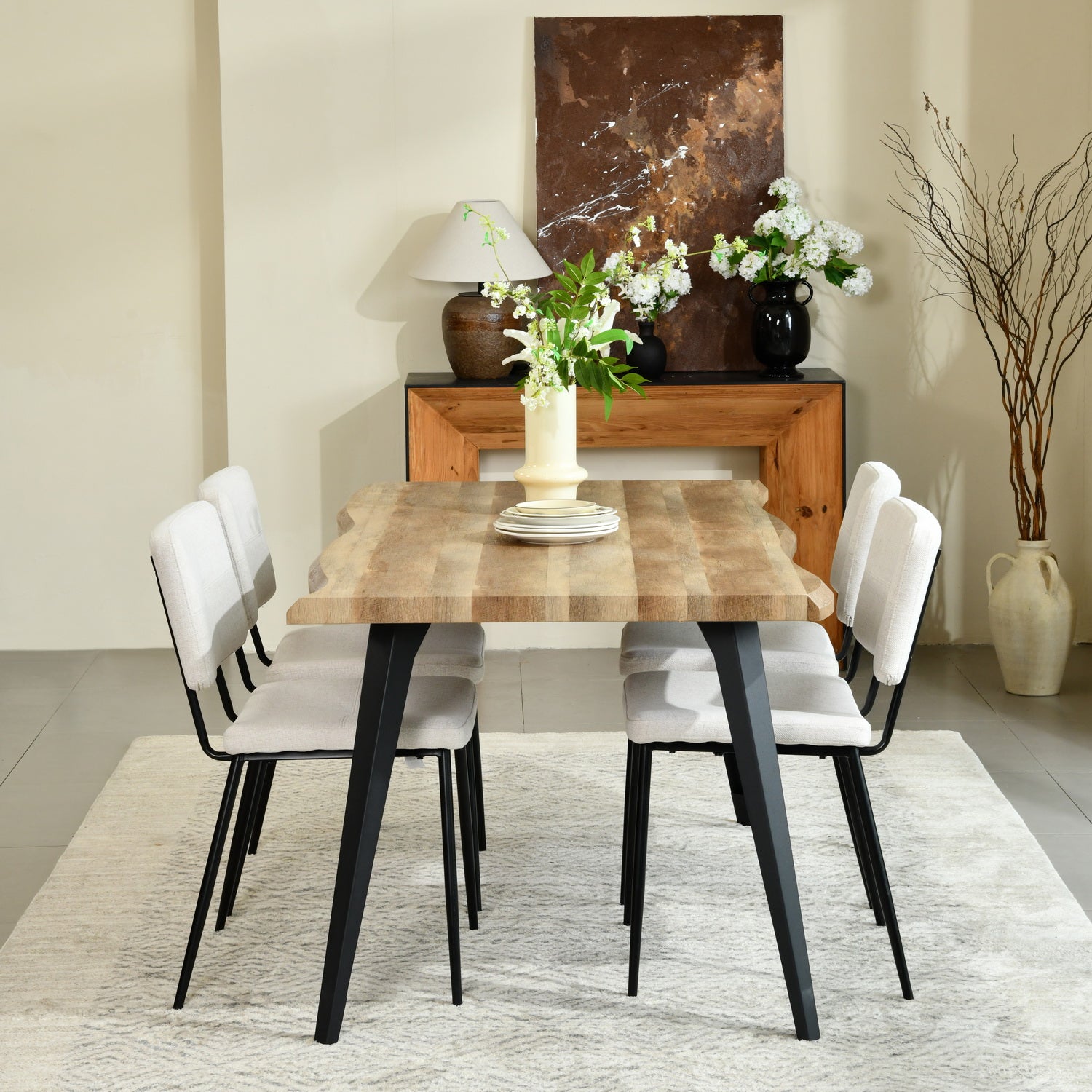 Homy Casa Lancelot 5PC Dining Set 63” Walnut Table with 4 Pomona Upholstered Chairs,Beige